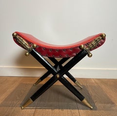 Neoclassical Style Curule Stool in Red Leather and Decorated with Crossed Sword