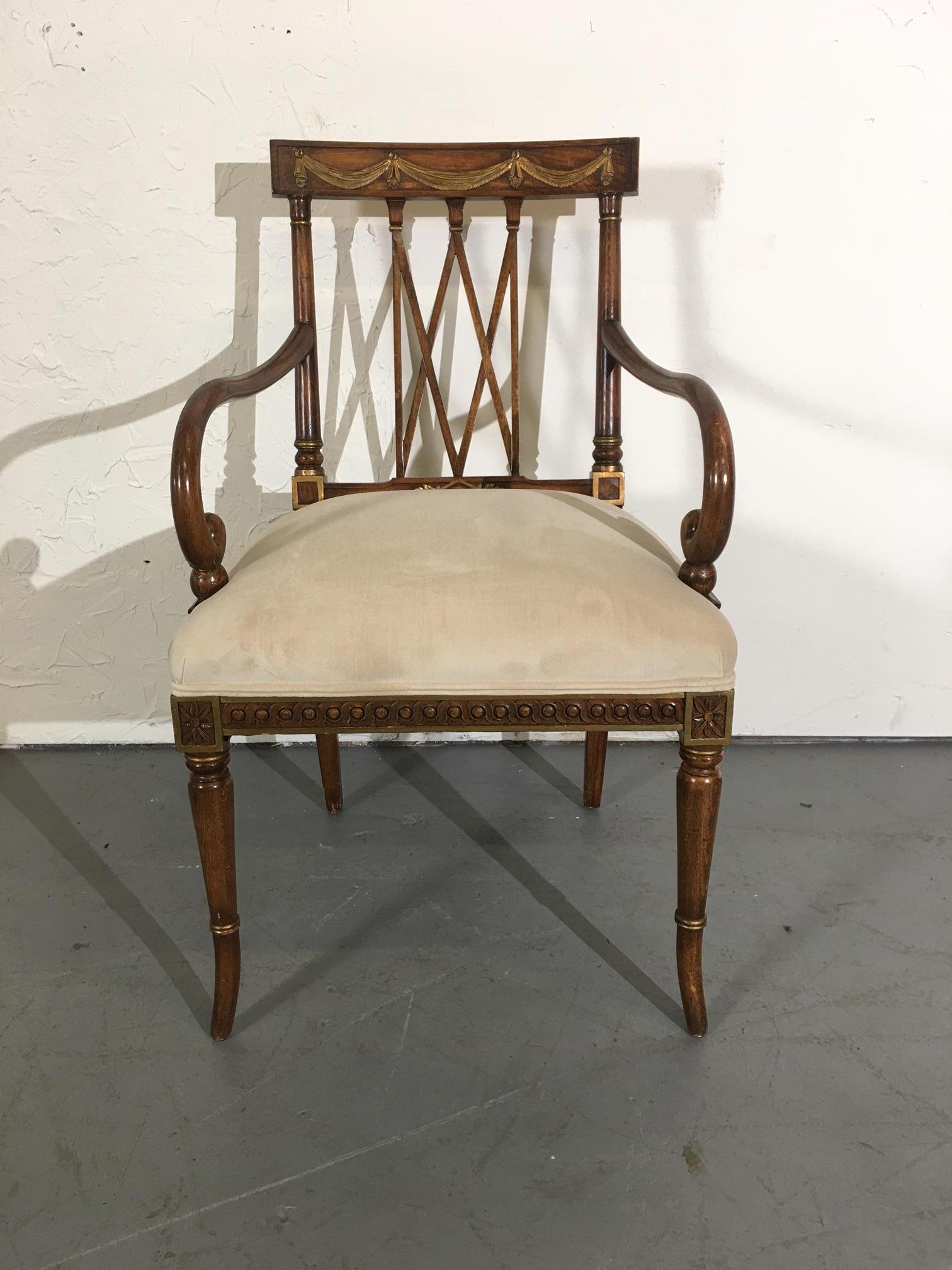 A neoclassical style set of six dining chairs. Upholstered in cream color velvet. Pair of armchairs. Measures: 21