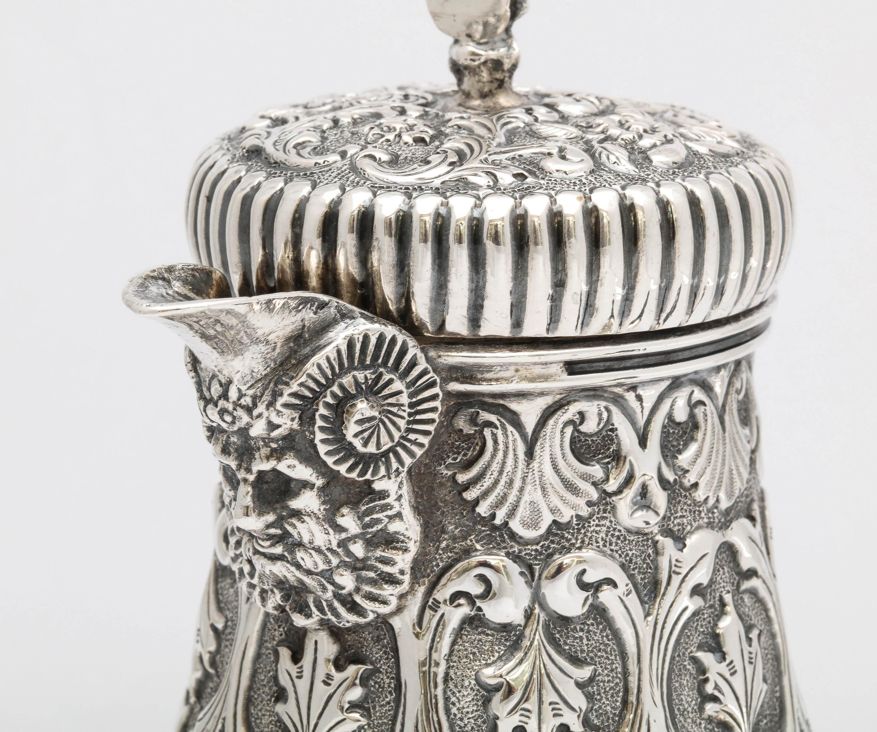 Late 19th Century Neoclassical Style Dutch Continental Silver (.800) Chocolate Pot With Hinged Lid For Sale