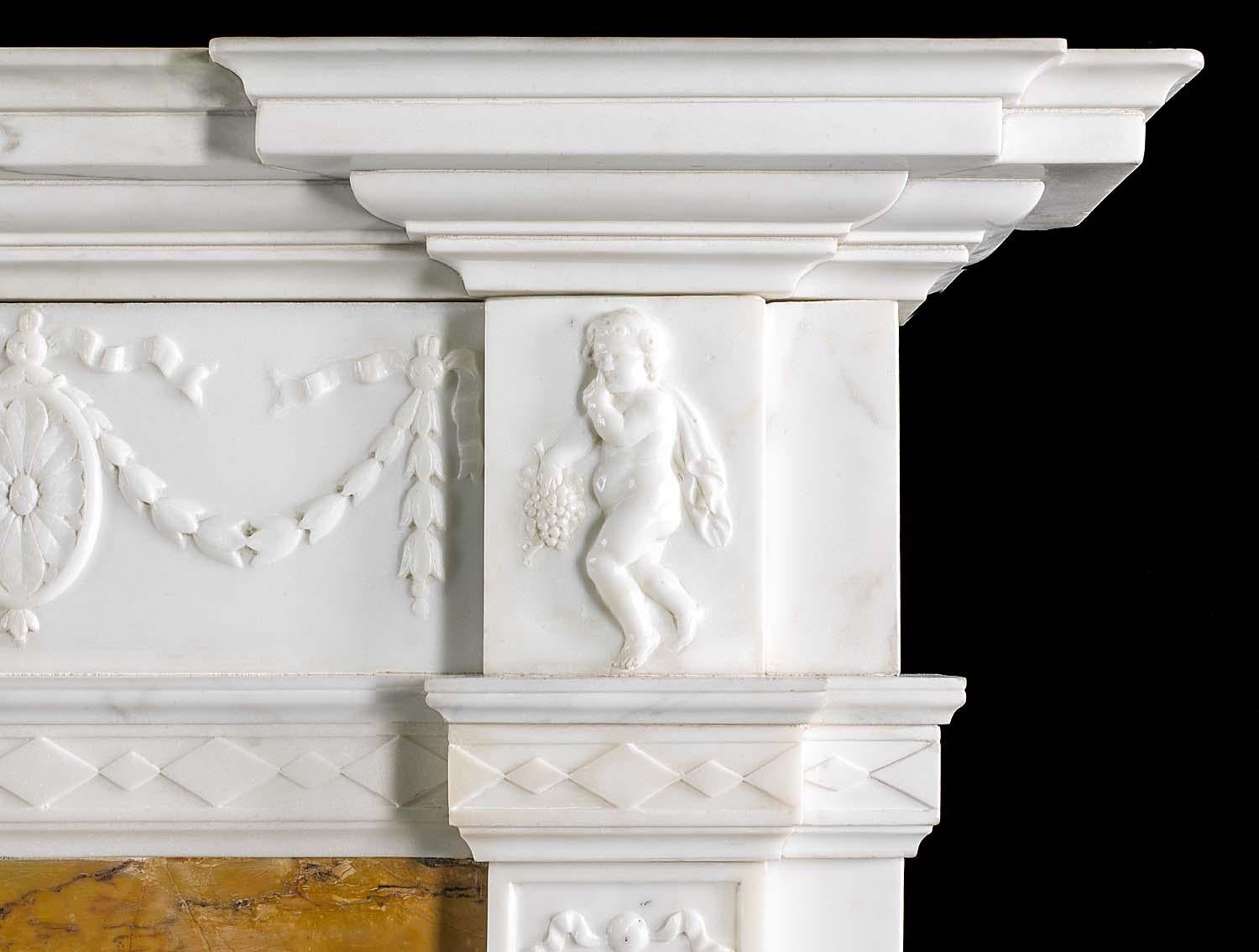 English Neoclassical Style Fireplace in Statuary and Sienna Marble