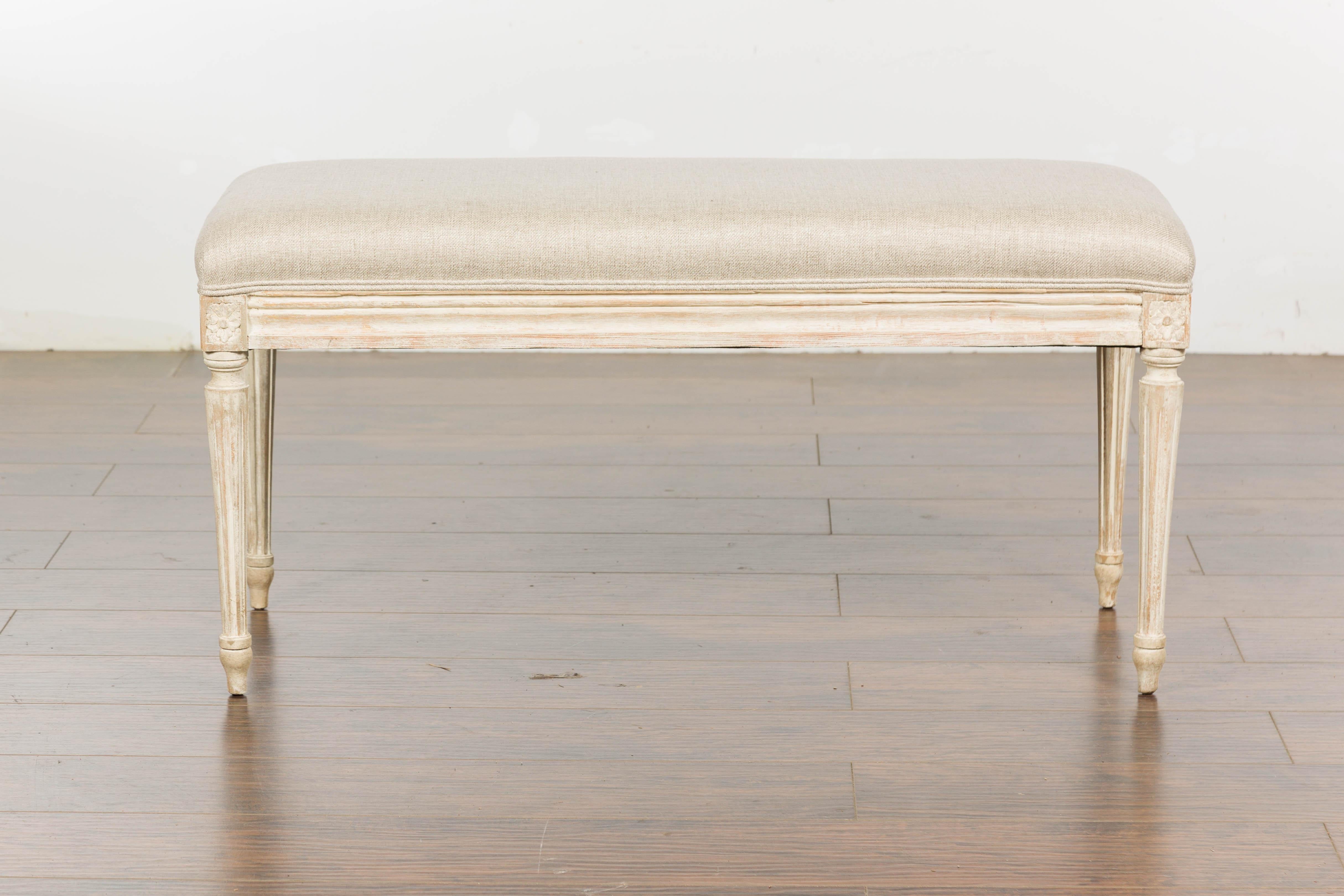 Neoclassical Style French 1900s Painted Walnut Bench with Upholstery 9