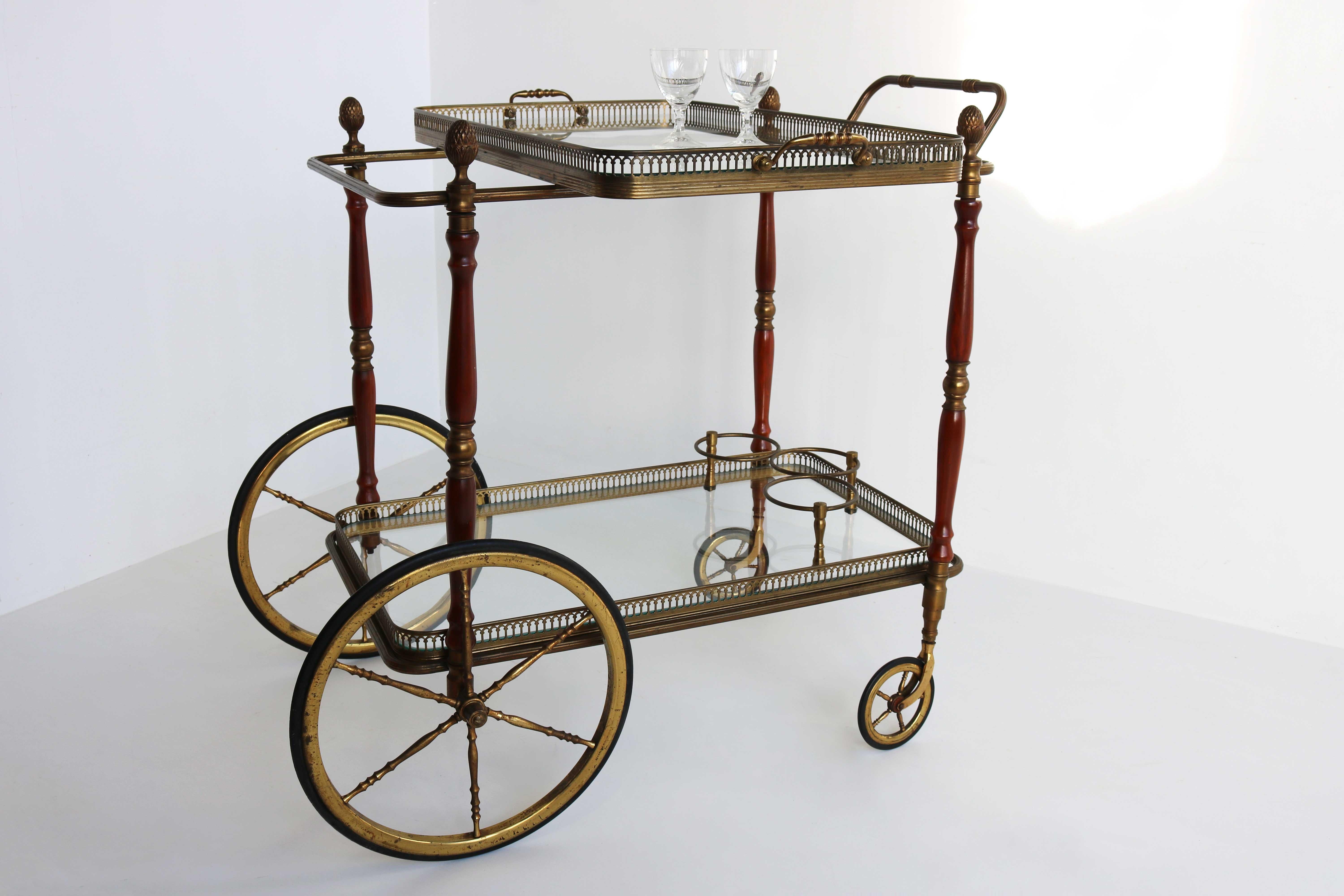 Mid-20th Century Neoclassical Style French Brass Bar Cart Serving Tray by Maison Bagués, 1940