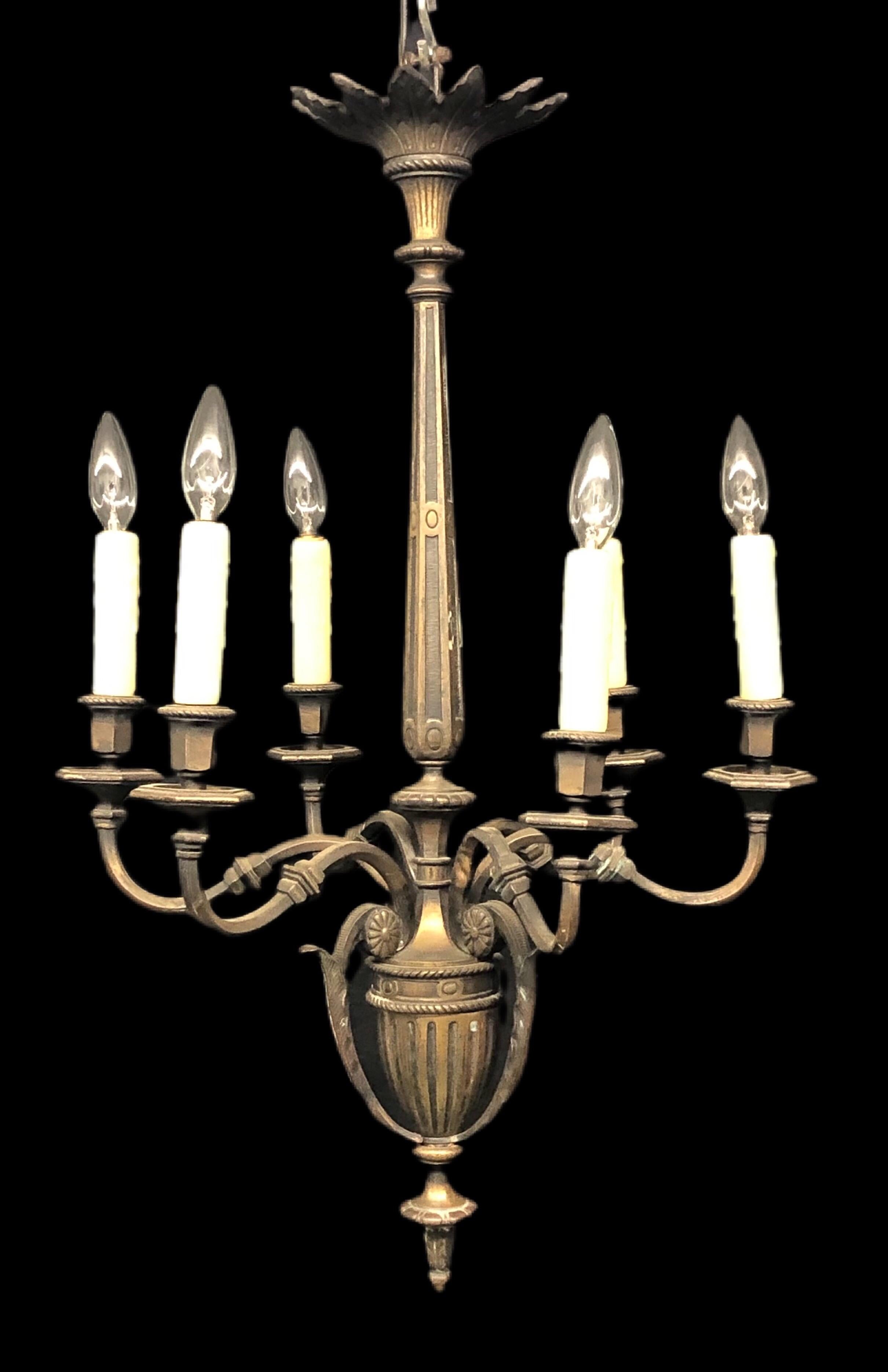 French Bronze Neoclassical Style Six Arm Chandelier, Early 20th C.