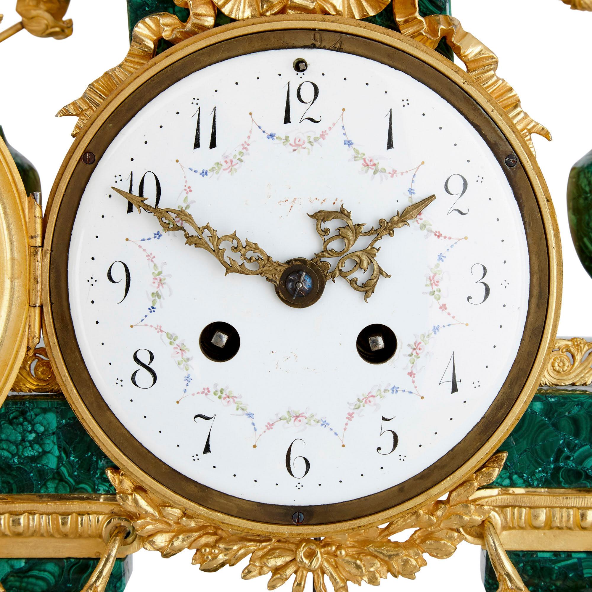 Veneer Neoclassical Style French Malachite and Gilt Bronze Mantel Clock For Sale