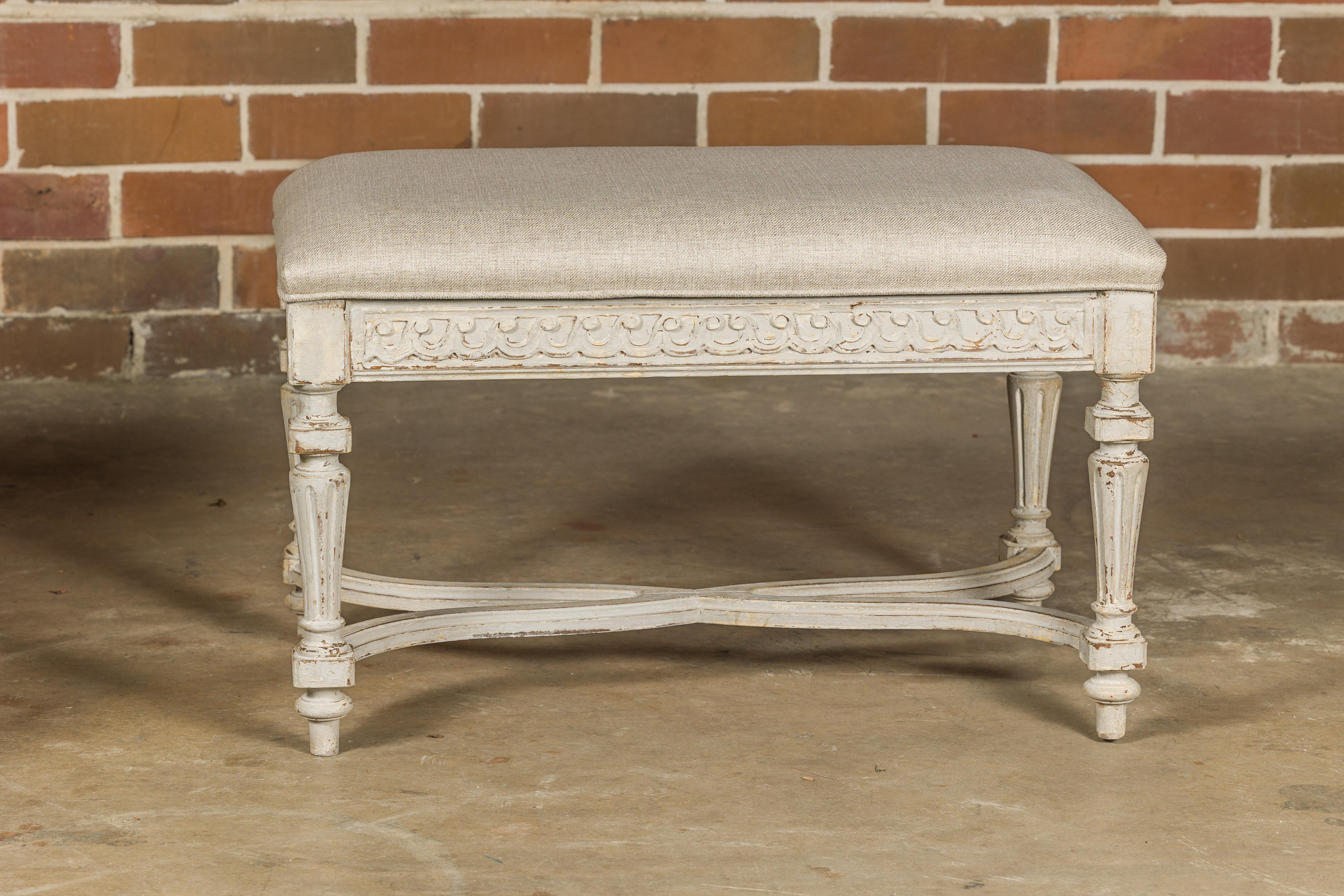Neoclassical Style French Painted Benches with Carved Vitruvian Scrolls, a Pair 6