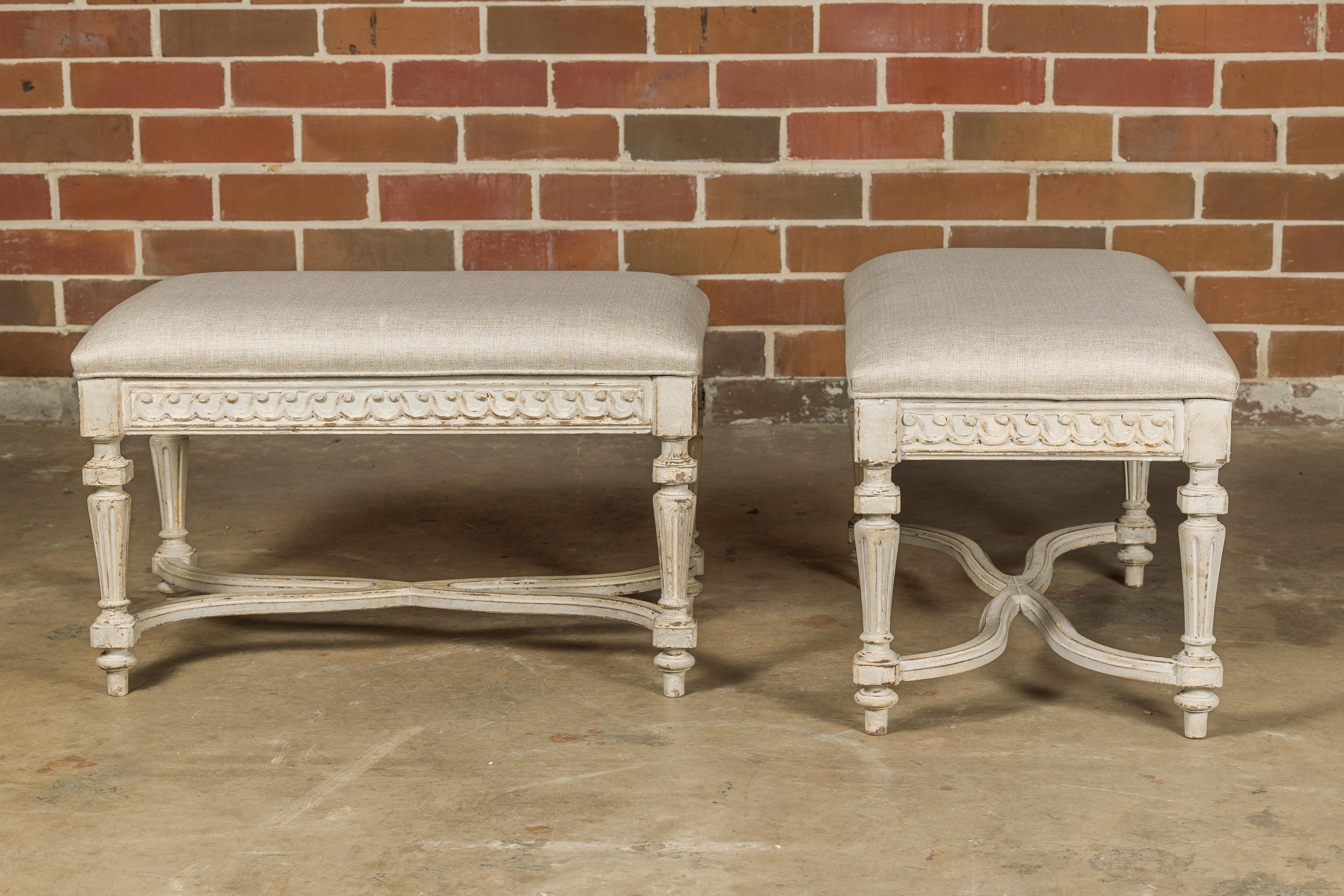 Neoclassical Style French Painted Benches with Carved Vitruvian Scrolls, a Pair 7