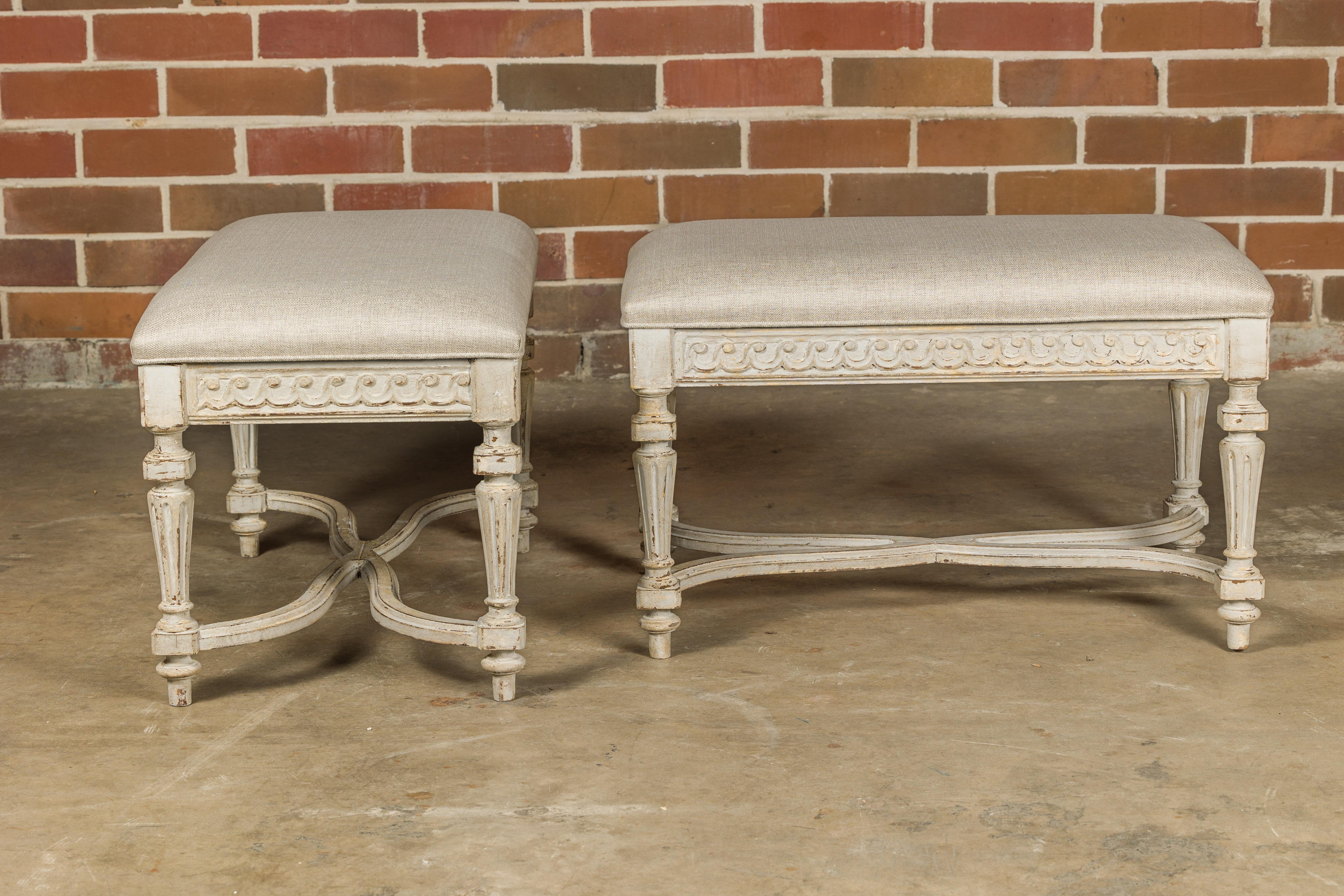 Neoclassical Style French Painted Benches with Carved Vitruvian Scrolls, a Pair 8