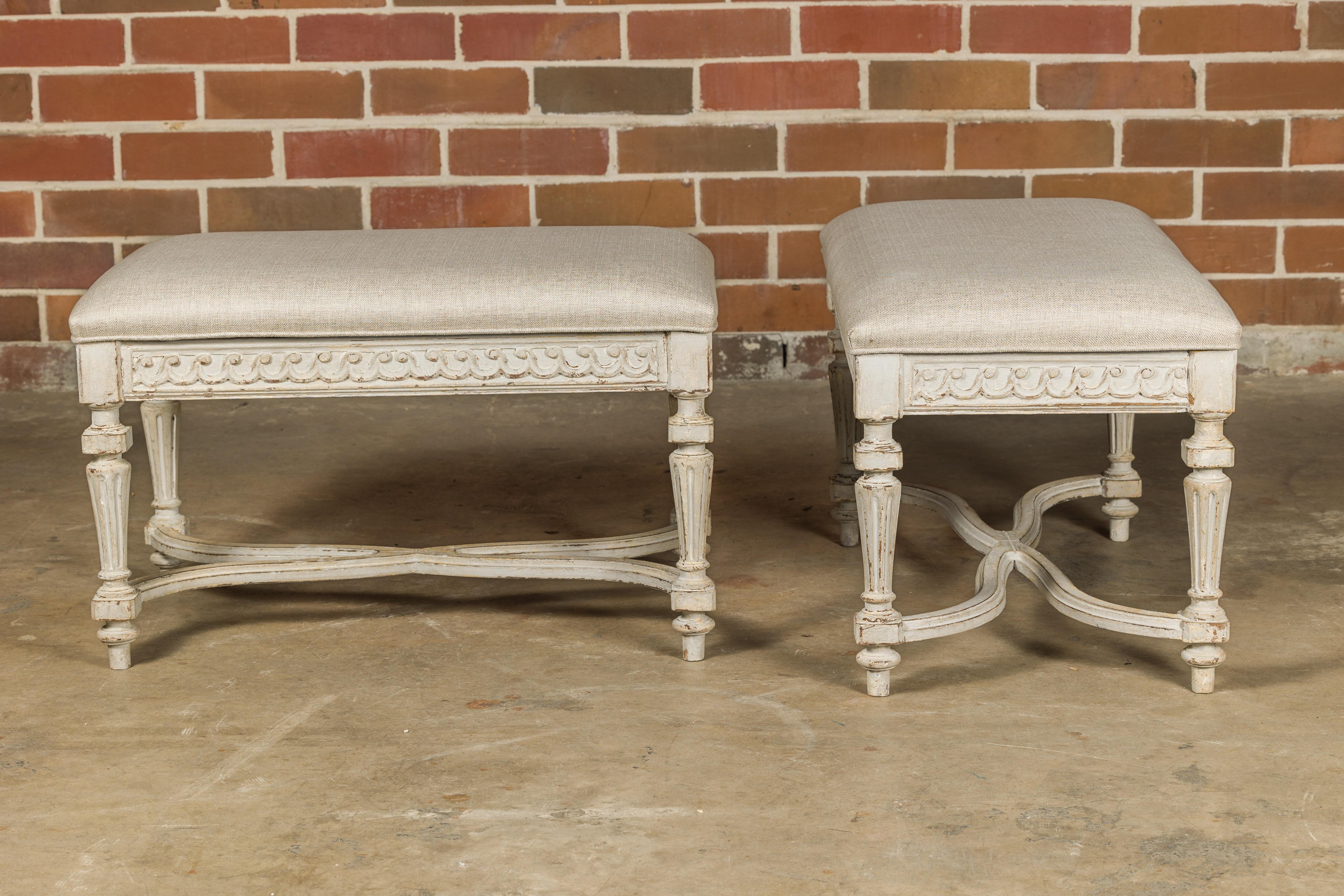 Neoclassical Style French Painted Benches with Carved Vitruvian Scrolls, a Pair 9