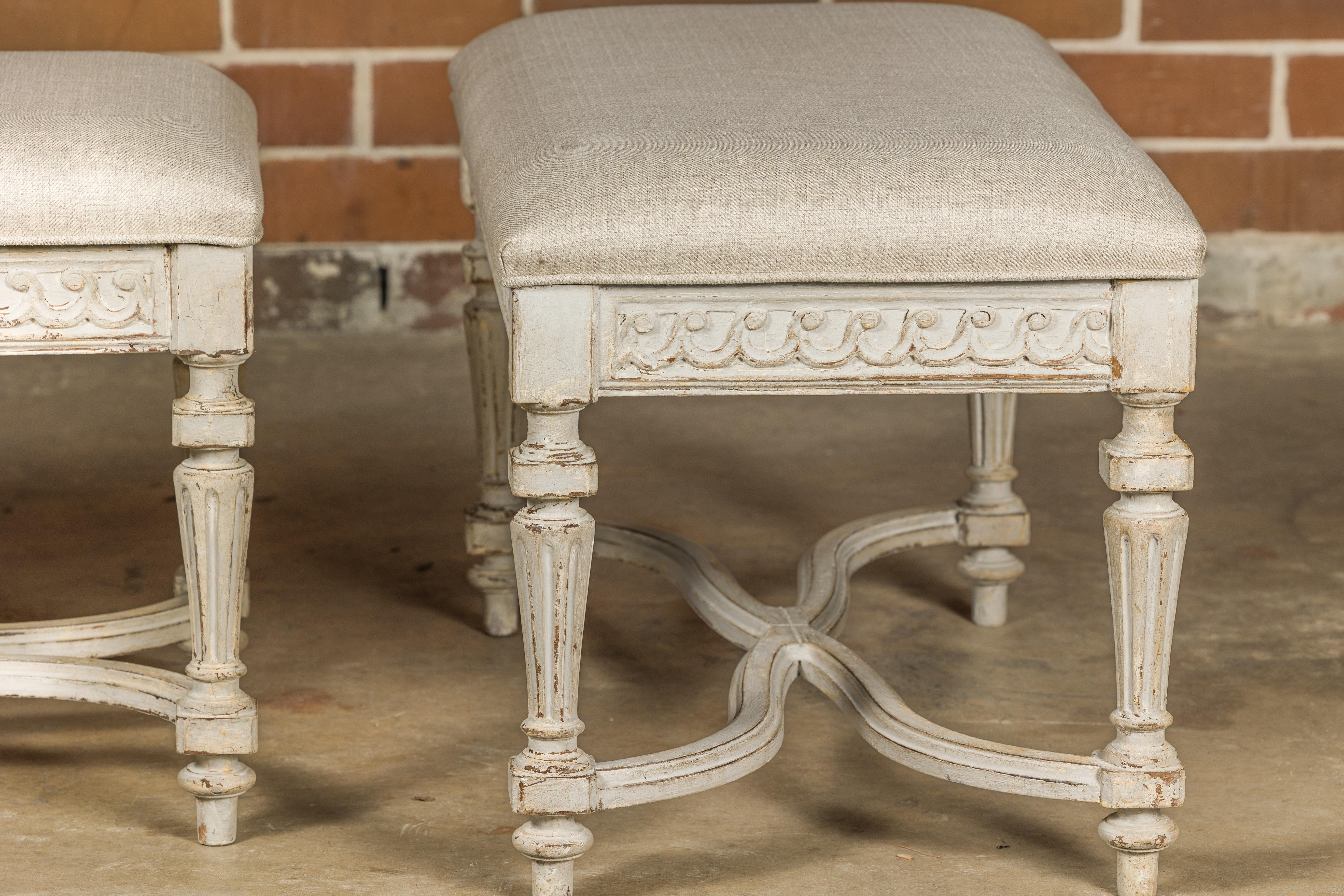 Neoclassical Style French Painted Benches with Carved Vitruvian Scrolls, a Pair 10