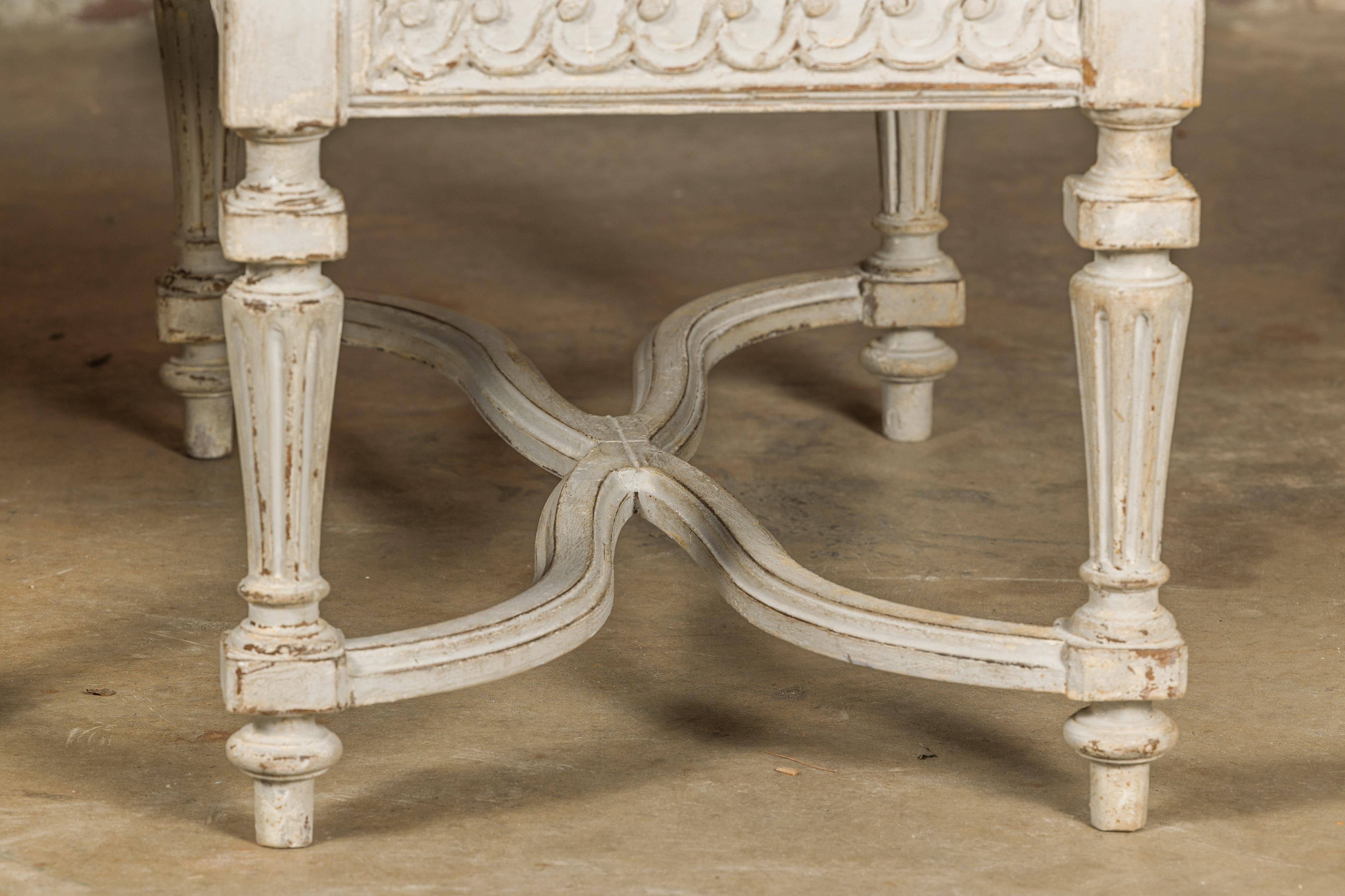 Neoclassical Style French Painted Benches with Carved Vitruvian Scrolls, a Pair 11