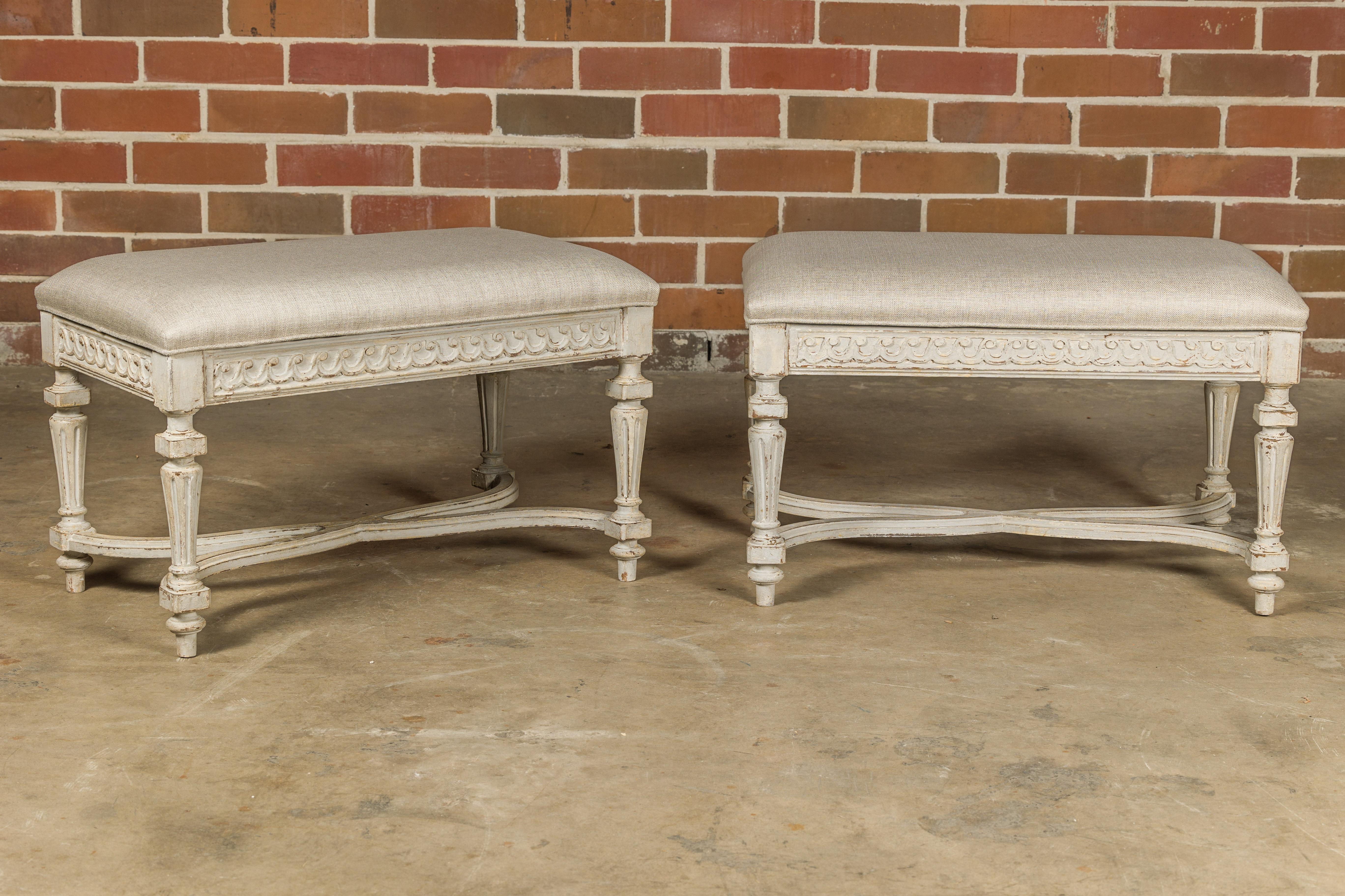 Neoclassical Style French Painted Benches with Carved Vitruvian Scrolls, a Pair 12