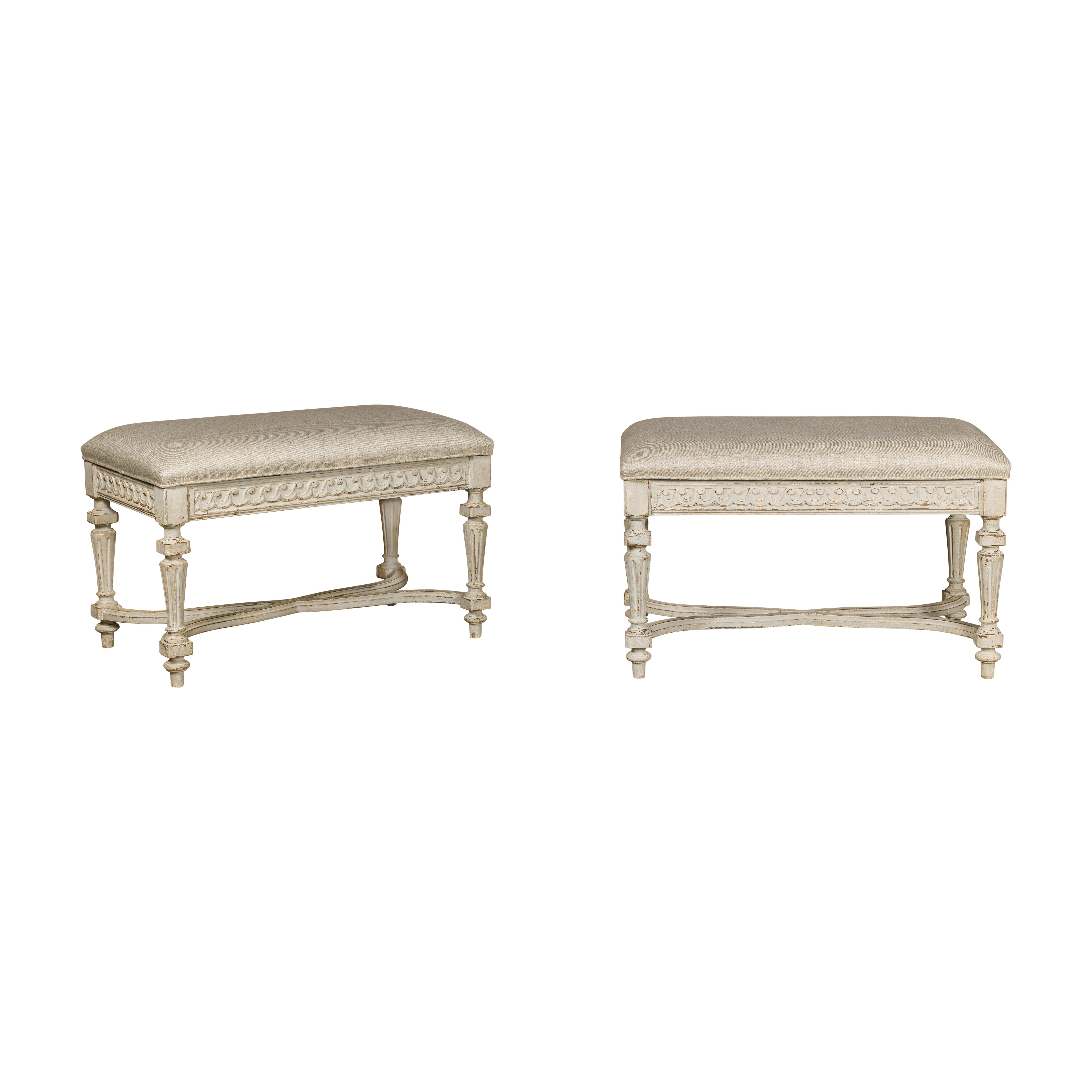 Neoclassical Style French Painted Benches with Carved Vitruvian Scrolls, a Pair 14