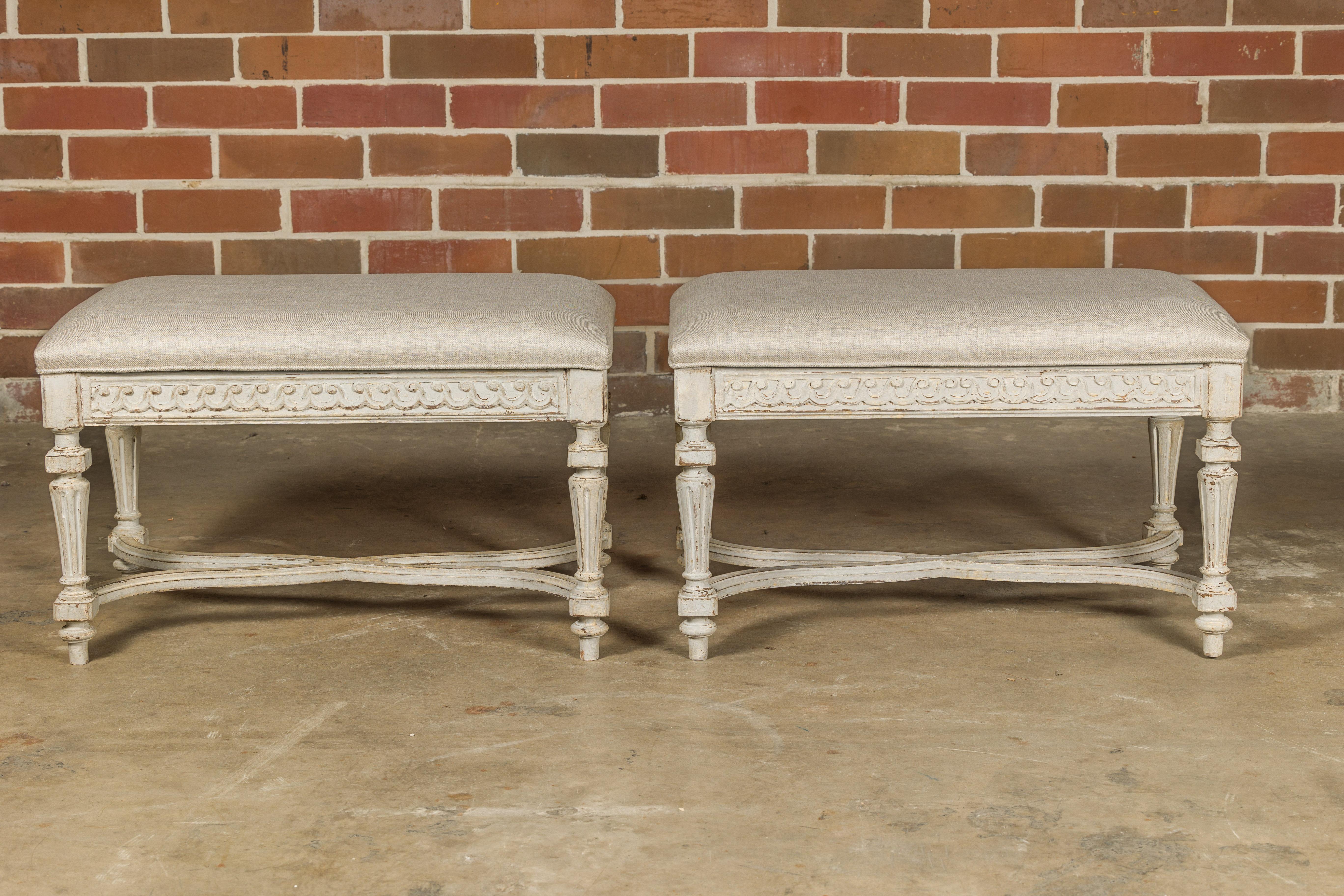 Neoclassical Style French Painted Benches with Carved Vitruvian Scrolls, a Pair In Good Condition In Atlanta, GA