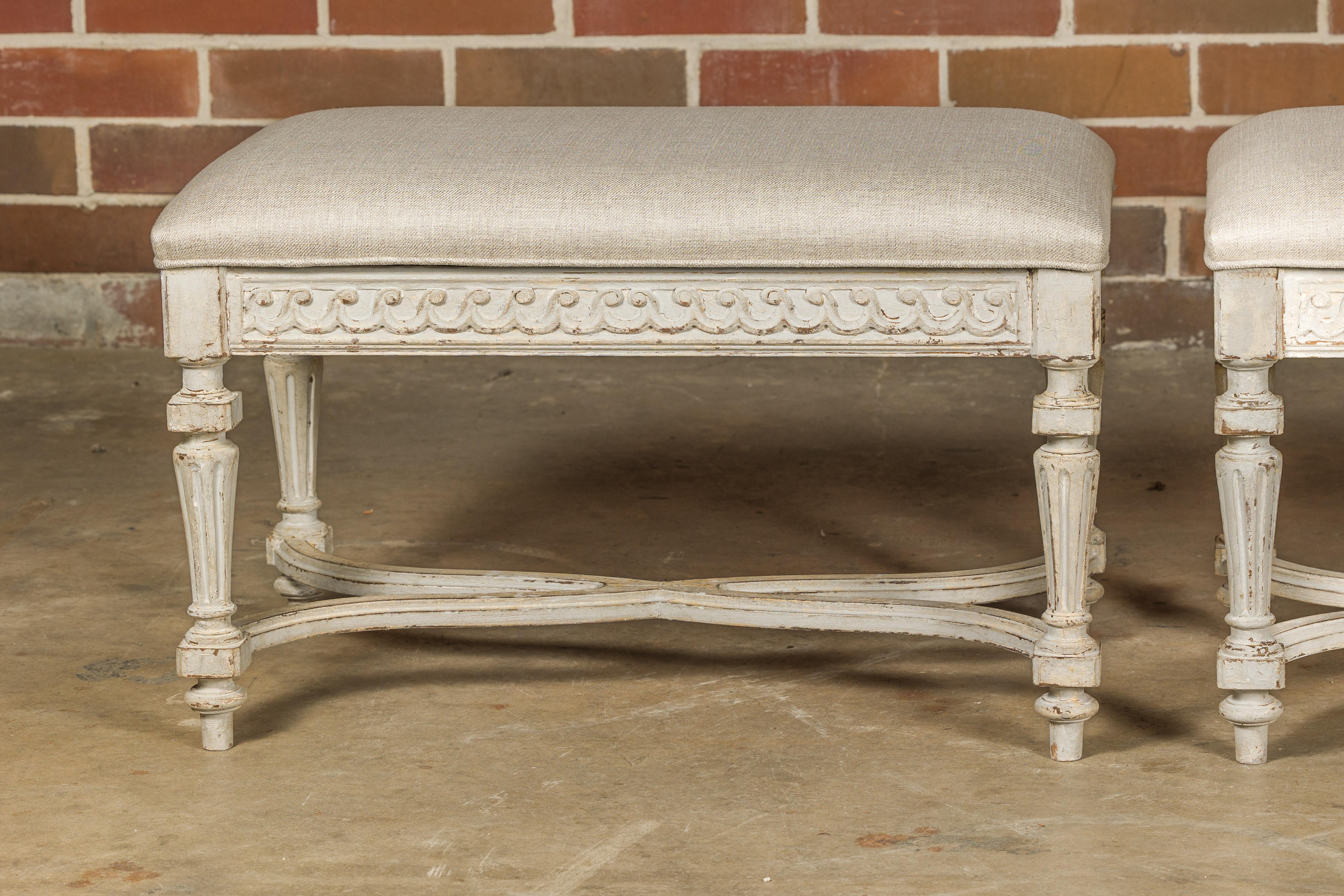 20th Century Neoclassical Style French Painted Benches with Carved Vitruvian Scrolls, a Pair