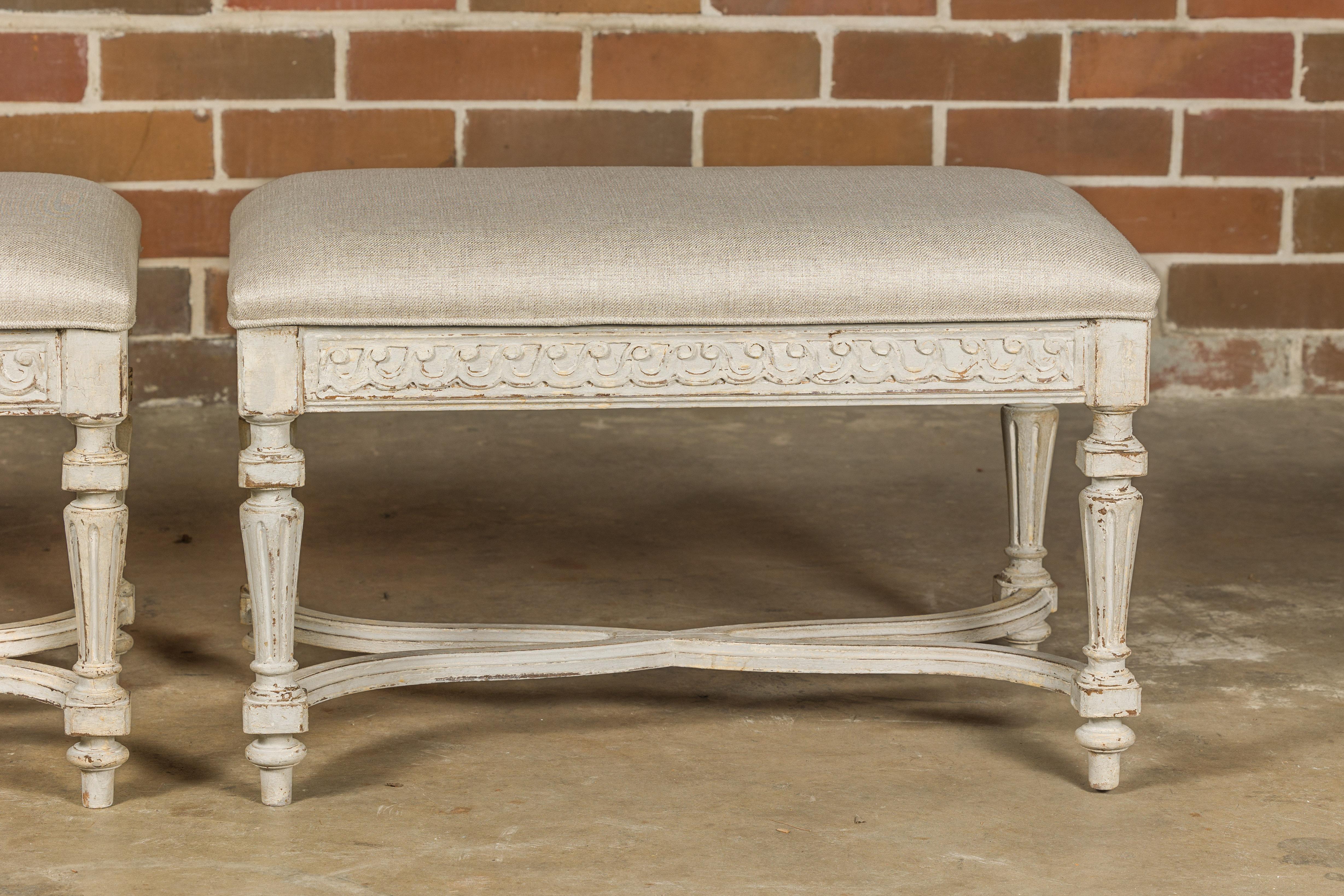 Wood Neoclassical Style French Painted Benches with Carved Vitruvian Scrolls, a Pair