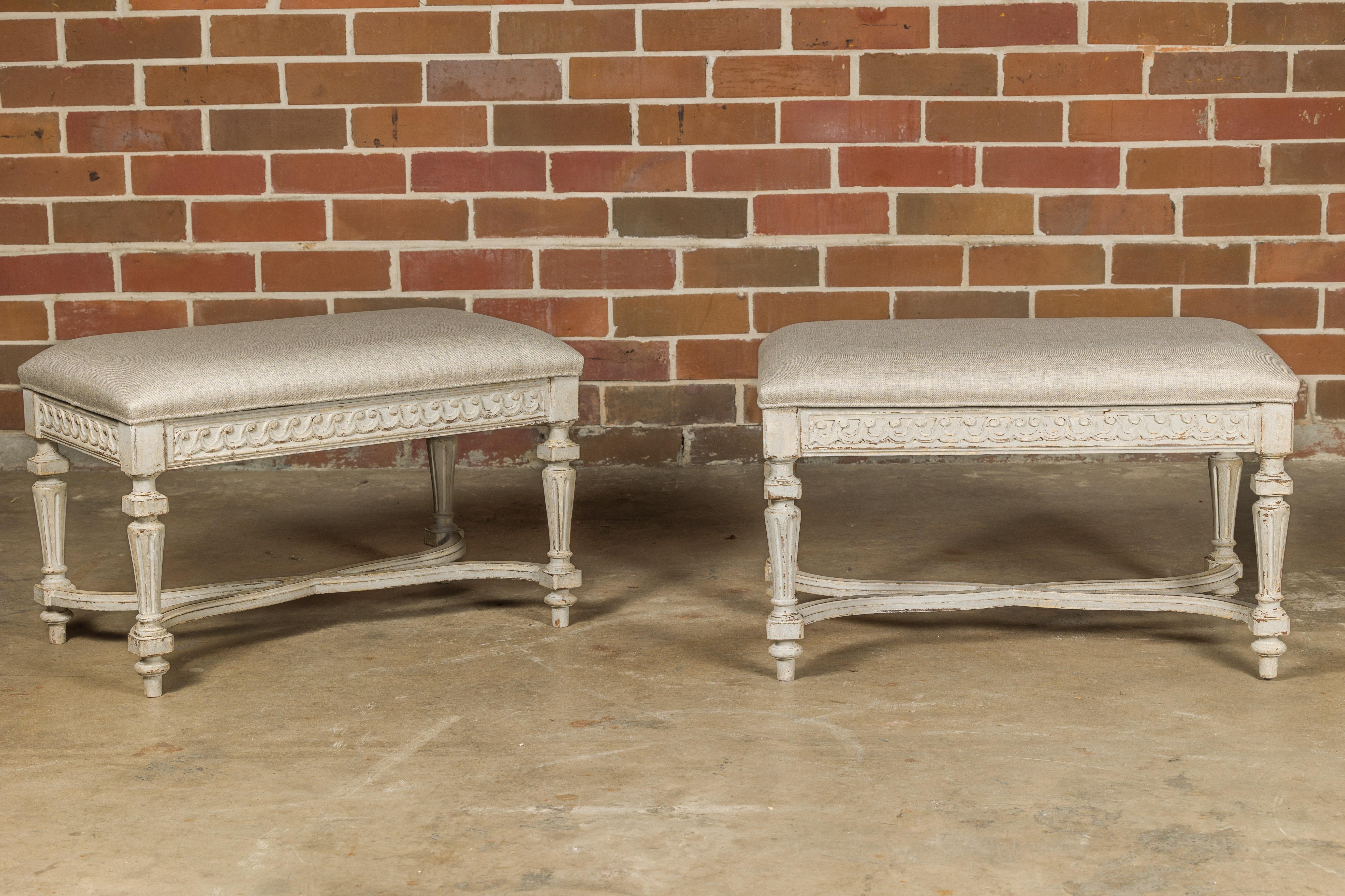 Neoclassical Style French Painted Benches with Carved Vitruvian Scrolls, a Pair 1