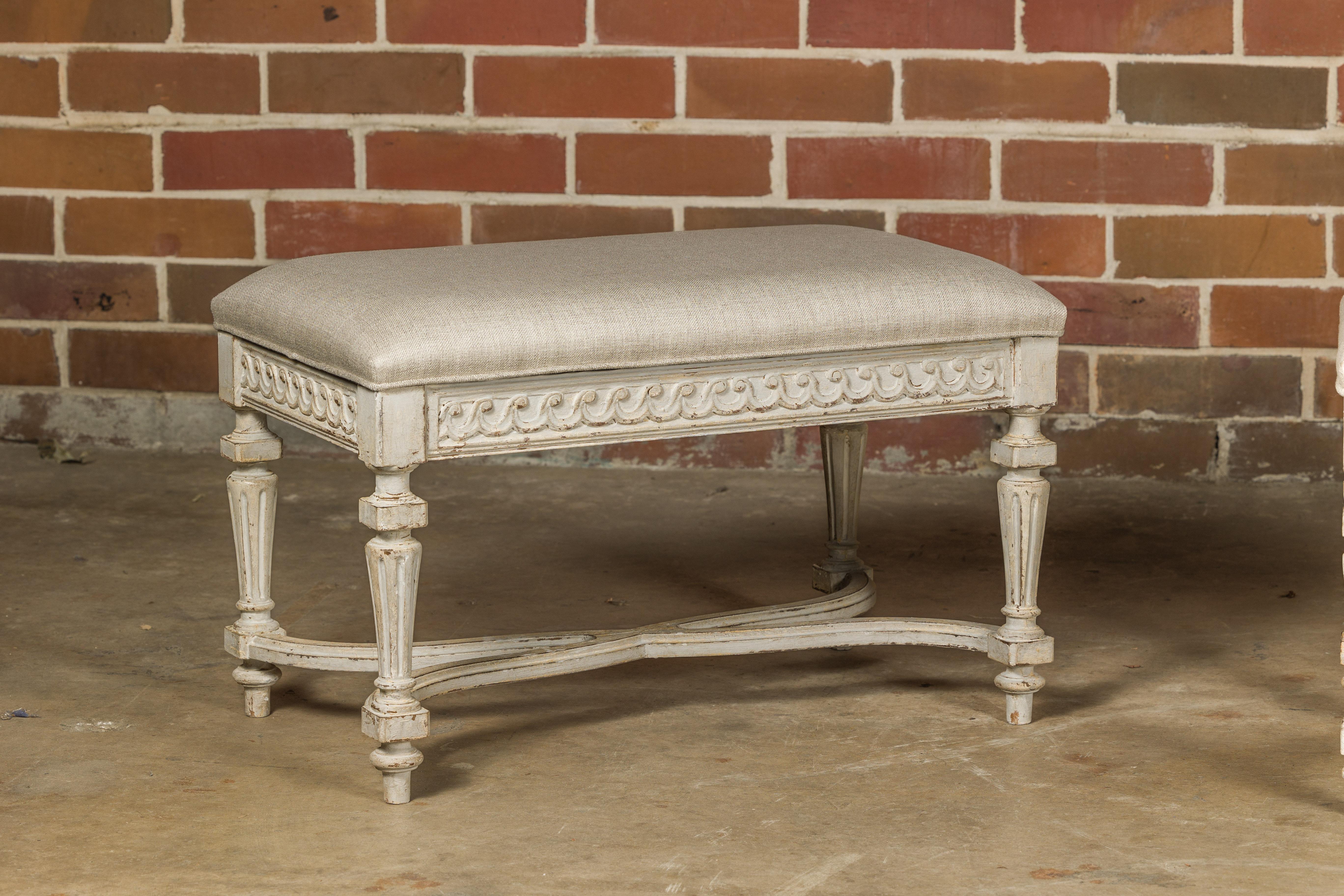 Neoclassical Style French Painted Benches with Carved Vitruvian Scrolls, a Pair 2