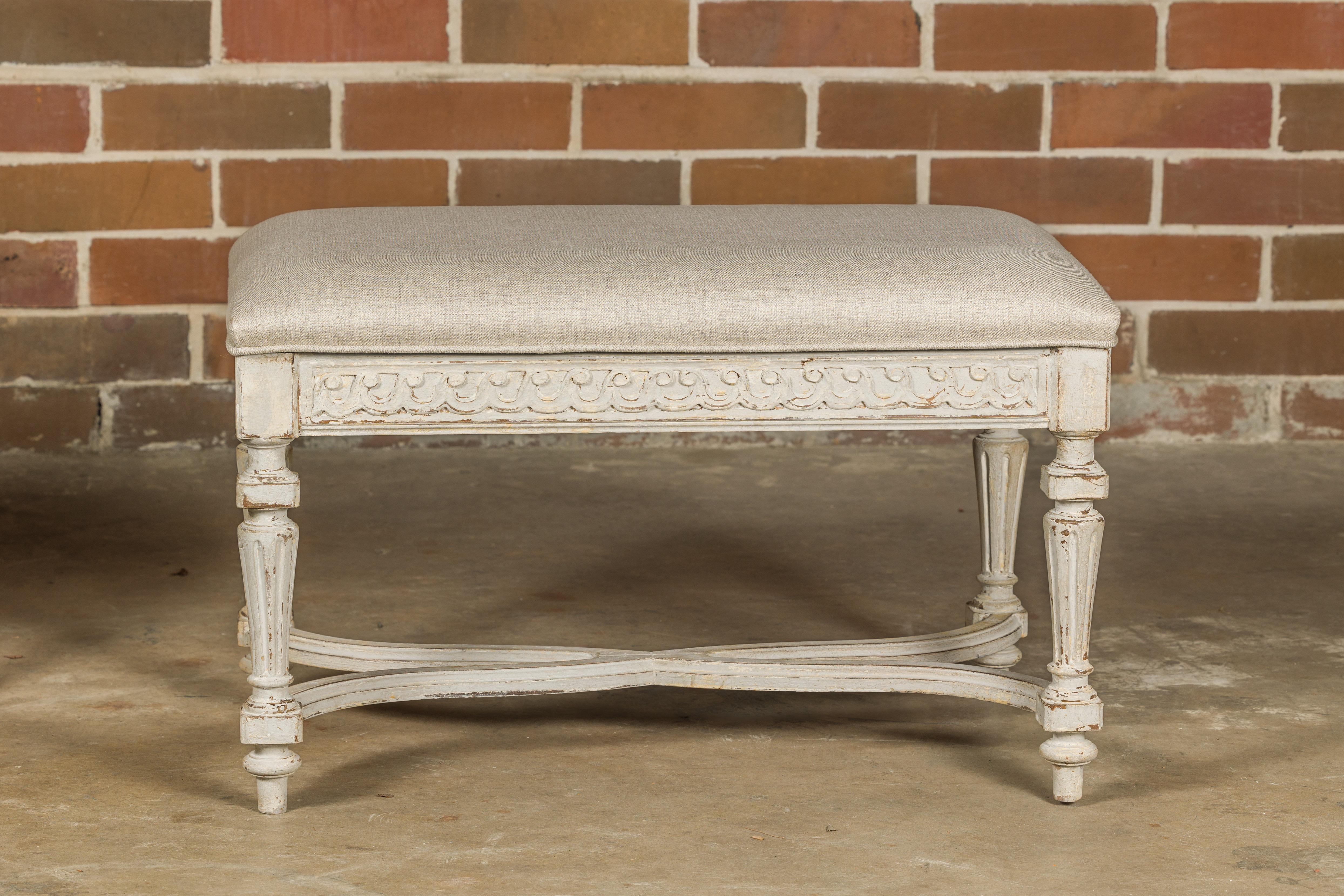 Neoclassical Style French Painted Benches with Carved Vitruvian Scrolls, a Pair 3