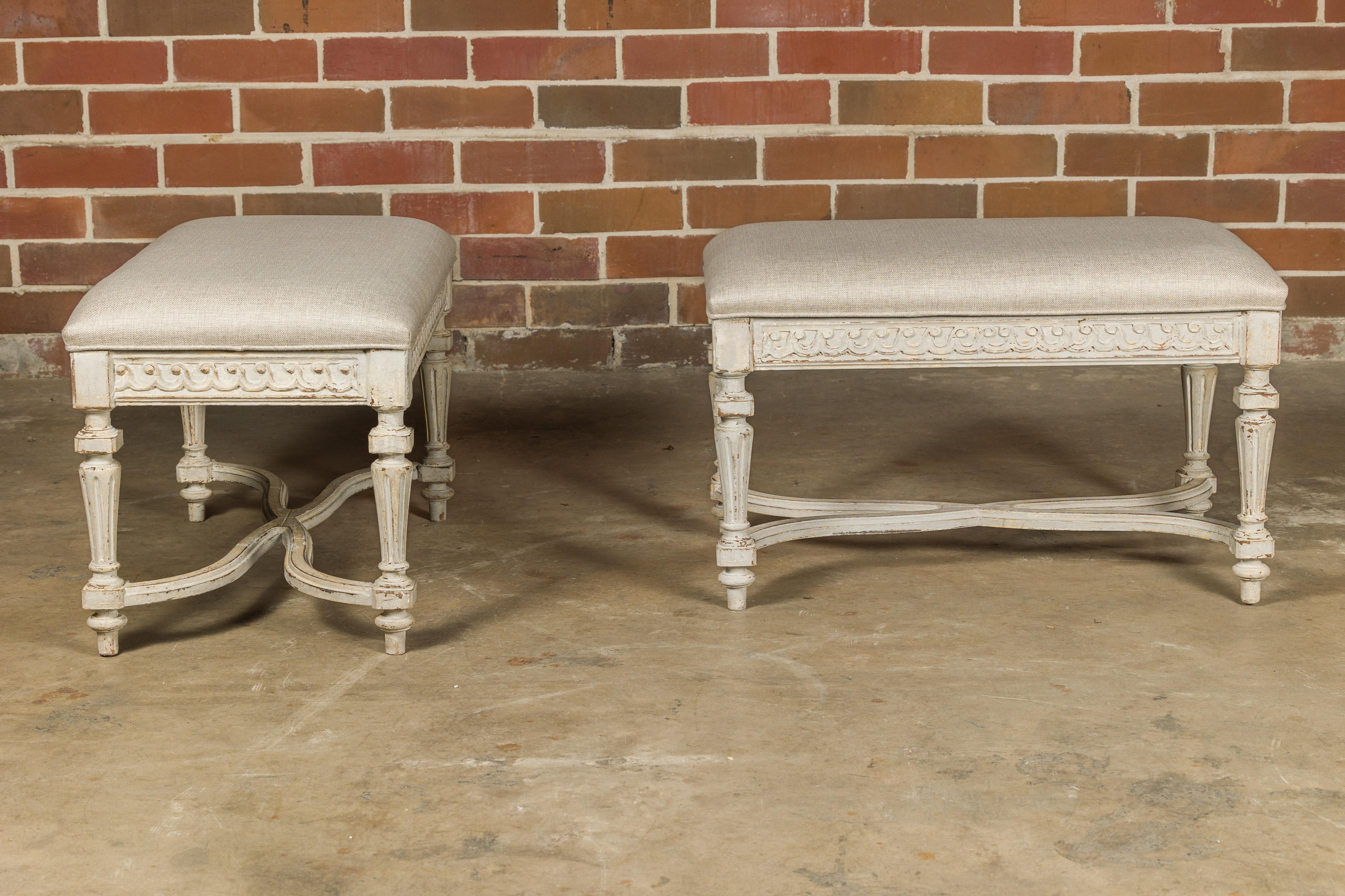 Neoclassical Style French Painted Benches with Carved Vitruvian Scrolls, a Pair 4