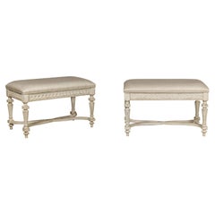 Vintage Neoclassical Style French Painted Benches with Carved Vitruvian Scrolls, a Pair