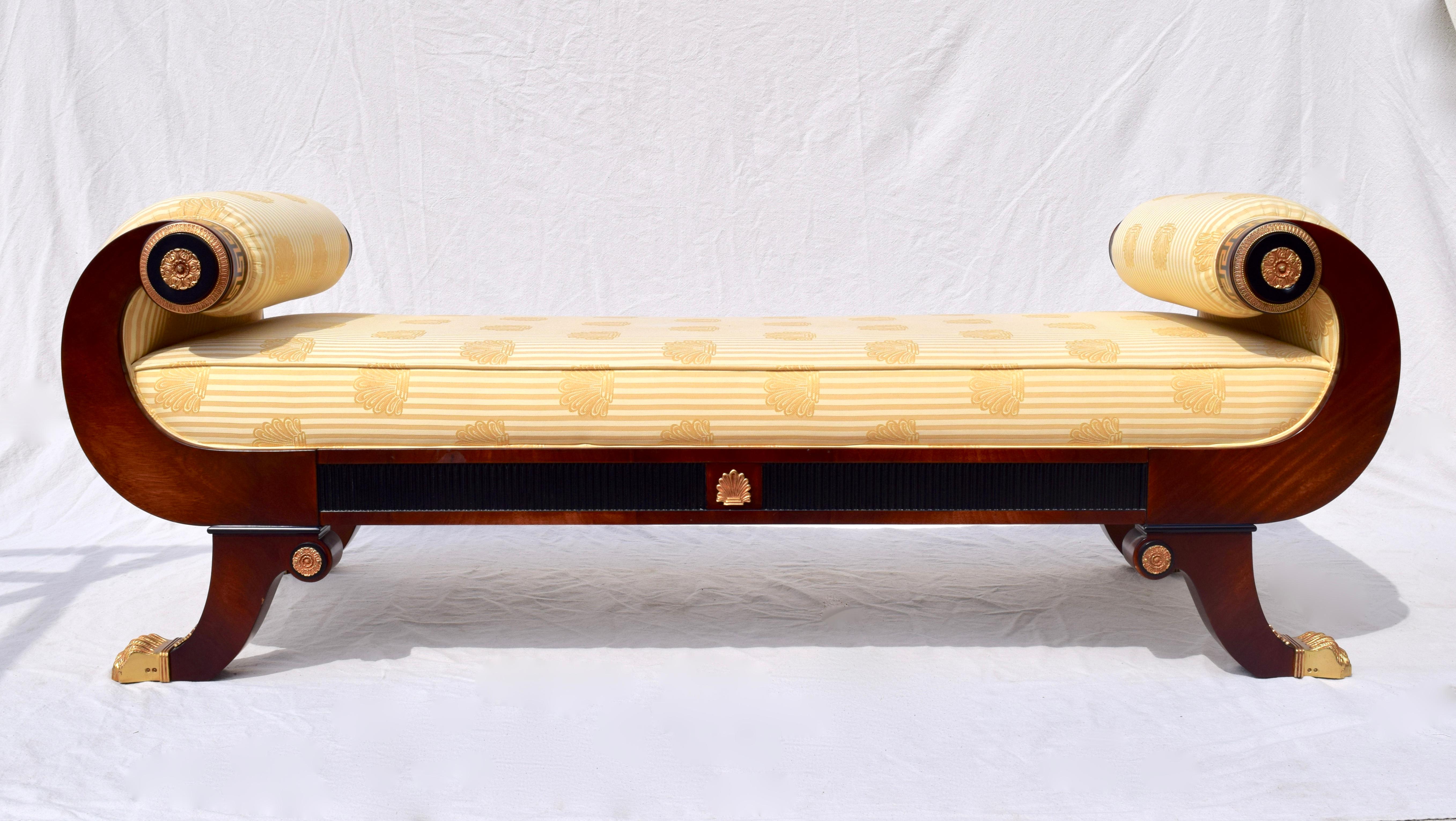 An exquisite custom made scroll arm window bench, Recamier or daybed in the style of Maitland Smith circa 1990s in nearly new condition, rarely used. Gorgeous, unique heirloom quality with mixed exotic woods & brass embellishments  throughout.  Made