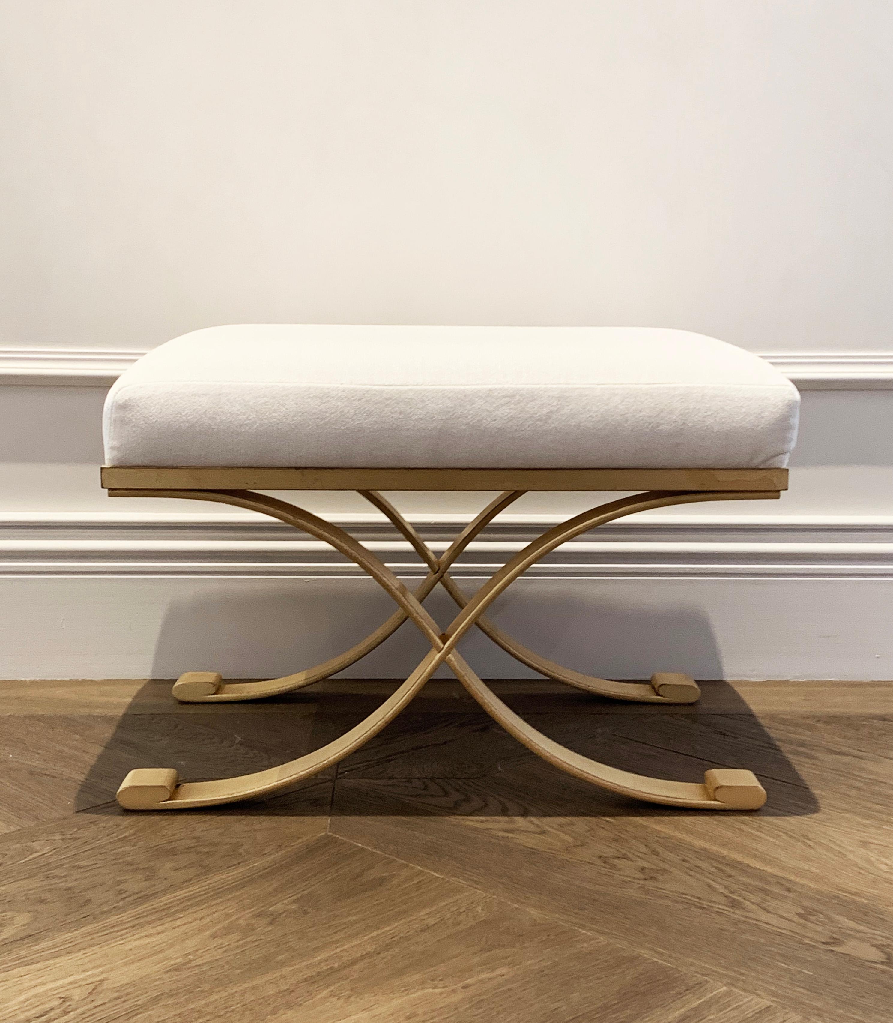 Contemporary Pouenat Neoclassical Gilded Iron Bench, White Velvet Upholstery, Raymond Subes 