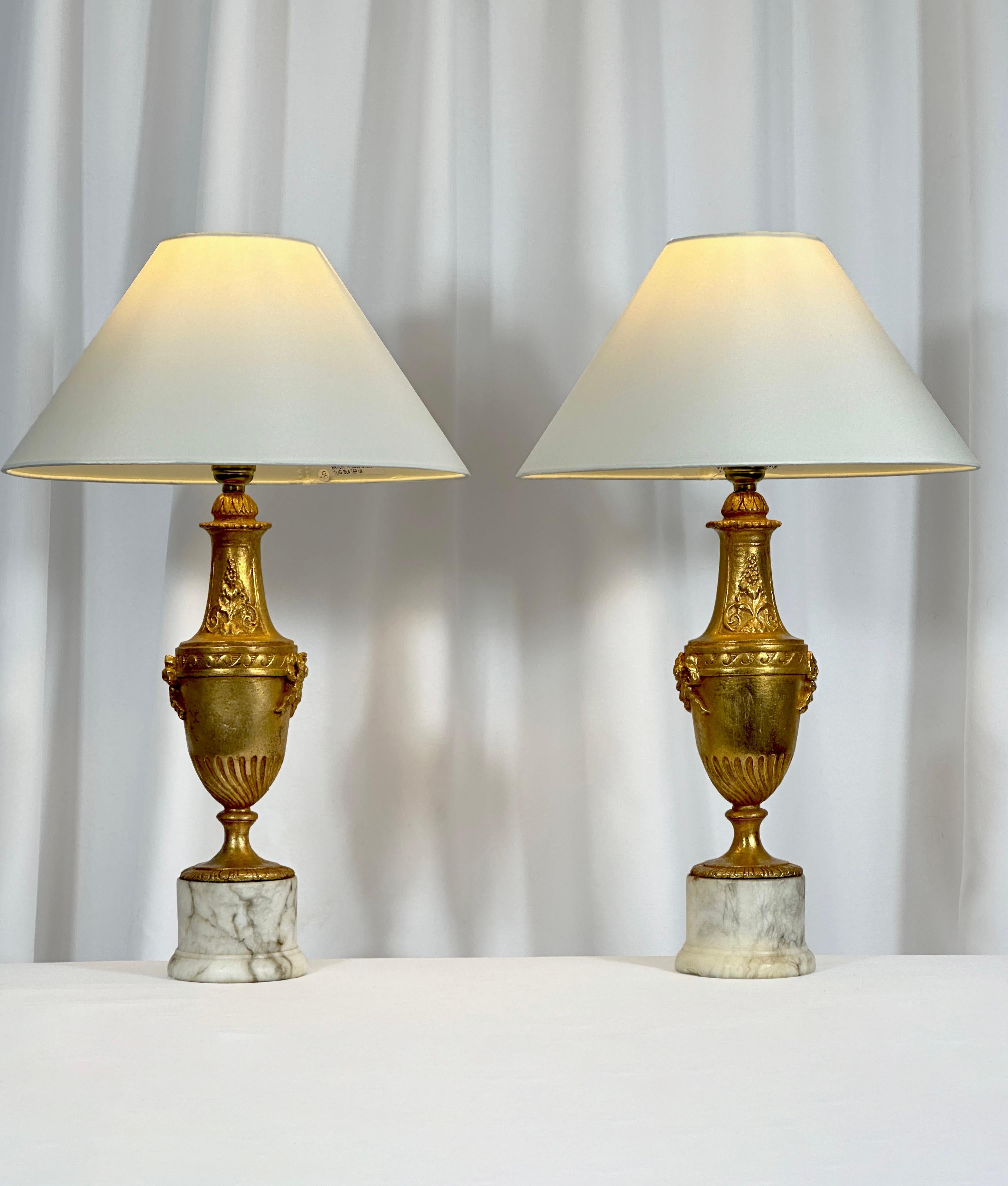 Gilt 1950s Italian - Gilded Table Lamps, Neoclassical Style - Marble Base - Pair