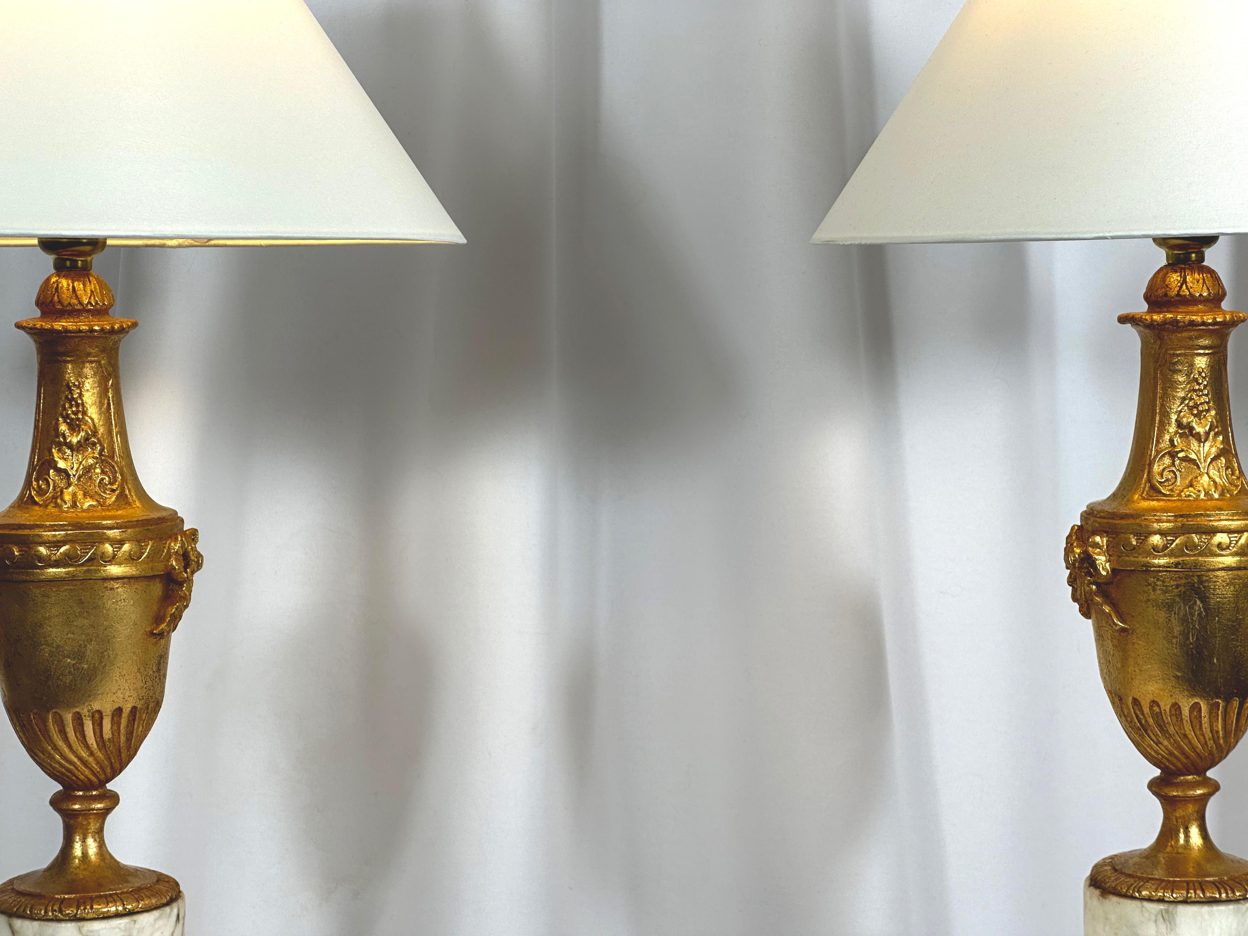 20th Century 1950s Italian - Gilded Table Lamps, Neoclassical Style - Marble Base - Pair