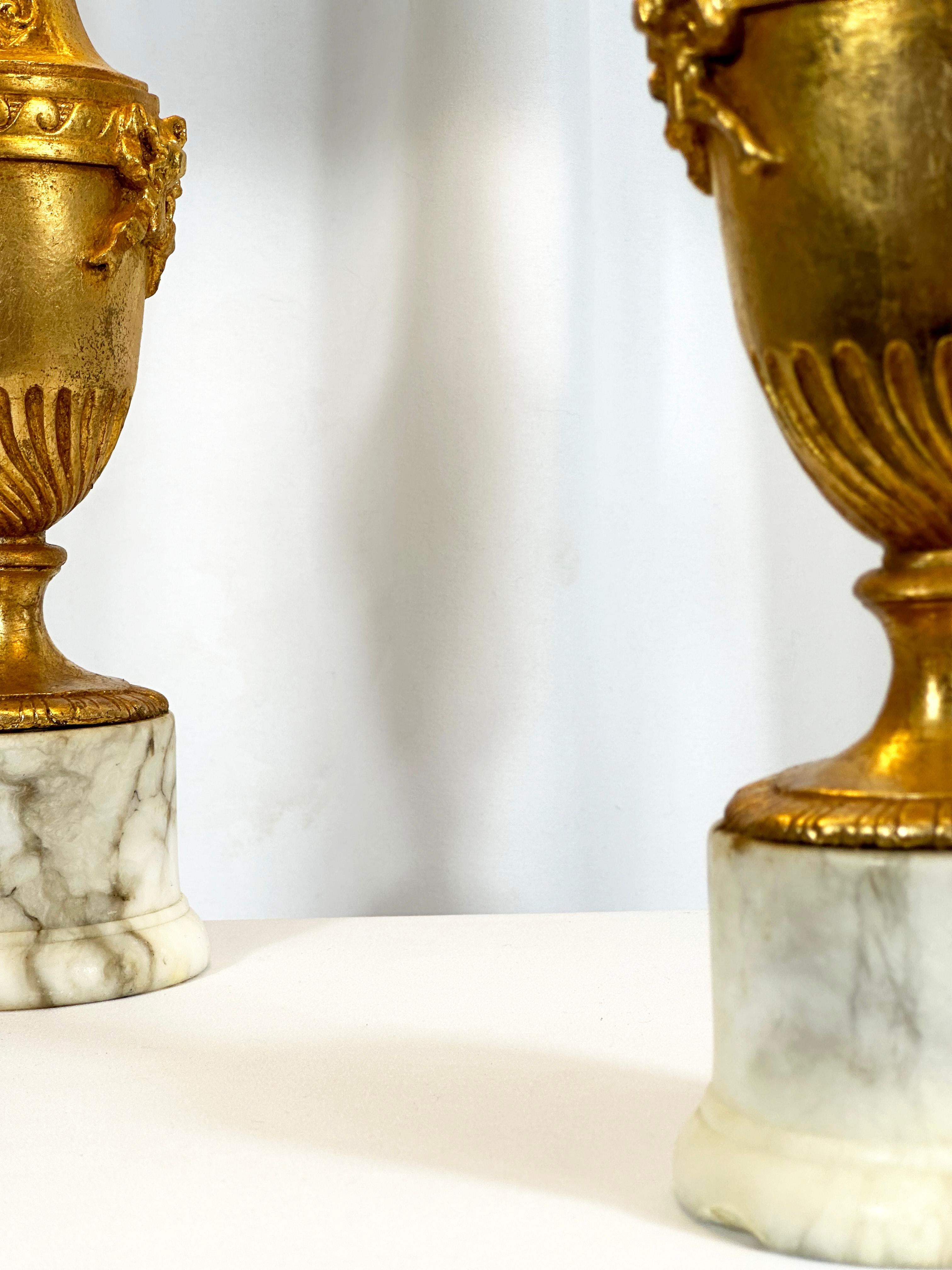 Carrara Marble 1950s Italian - Gilded Table Lamps, Neoclassical Style - Marble Base - Pair