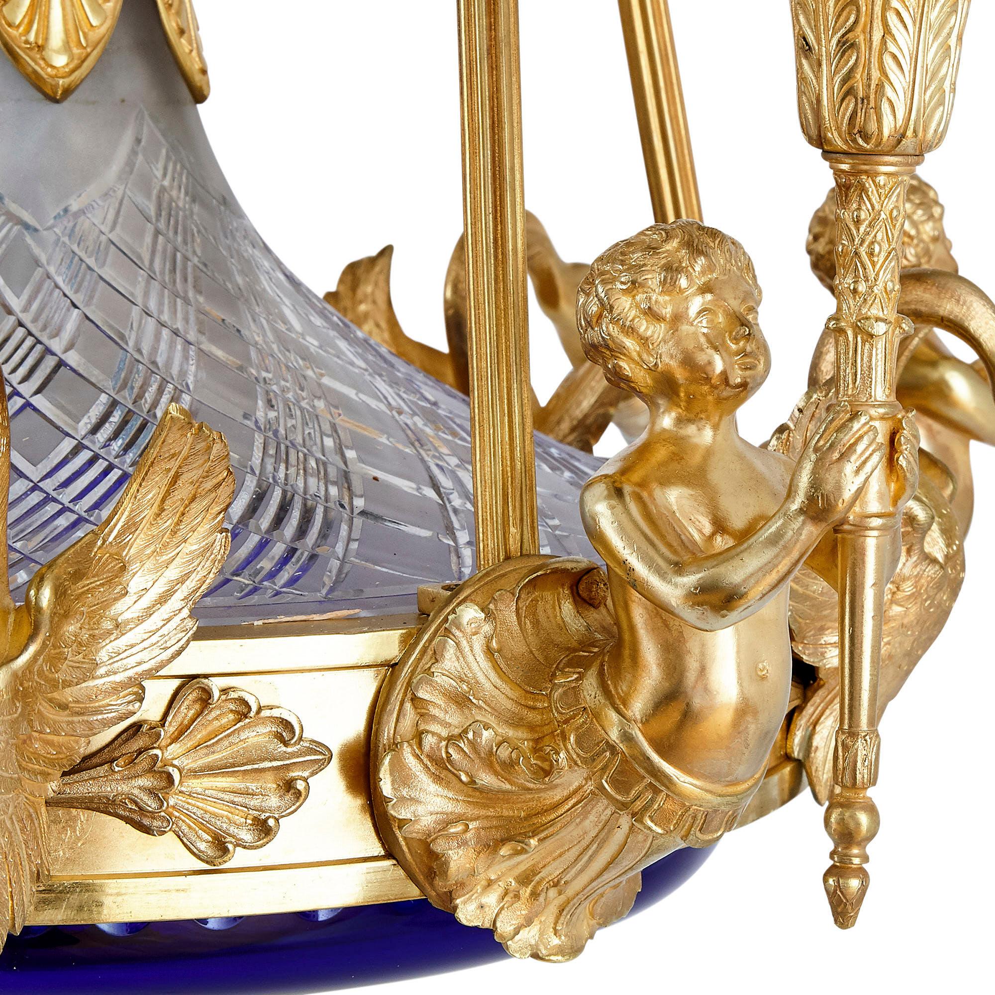 Neoclassical Style Gilt Bronze and Cobalt Blue Glass Chandelier In Good Condition For Sale In London, GB