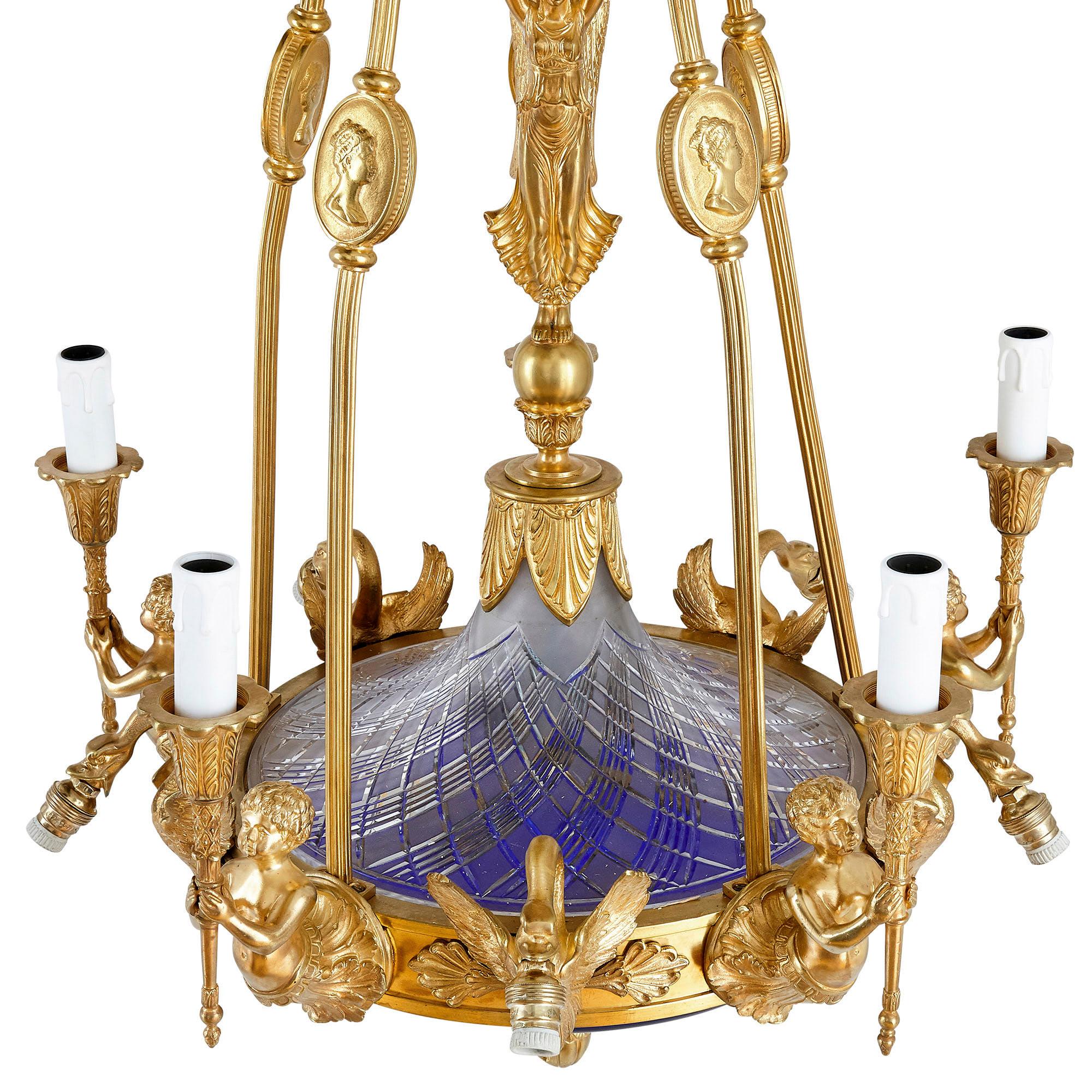 Neoclassical Style Gilt Bronze and Cobalt Blue Glass Chandelier For Sale 1