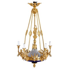 Neoclassical Style Gilt Bronze and Cobalt Blue Glass Chandelier
