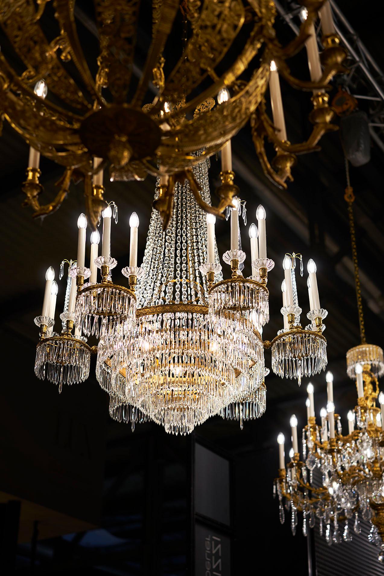 This Russian Neoclassical Style Gilt Bronze and Crystal Chandelier by Gherardo Degli Albizzi is a faithful replica of visible ones in the State Rooms of Ermitage Museum in St. Petersburg by Andrej Stackenschneider.
It features a rich top crows,