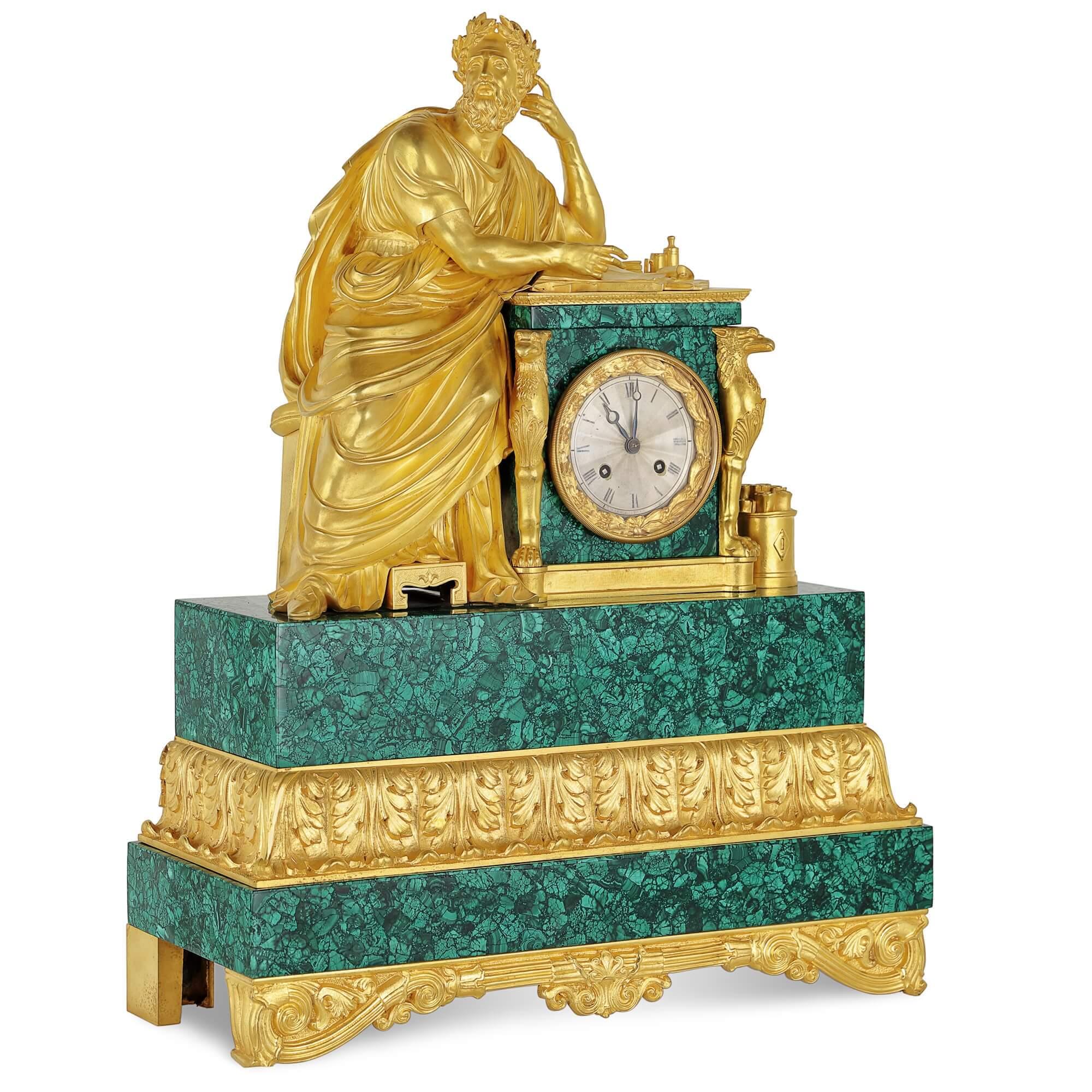 Neoclassical style gilt bronze and malachite mantel clock
French, 19th century
Height 58cm, width 43cm, depth 17cm

This fine mantel clock is crafted from gilt bronze and malachite (with the malachite veneer being a later addition) in the