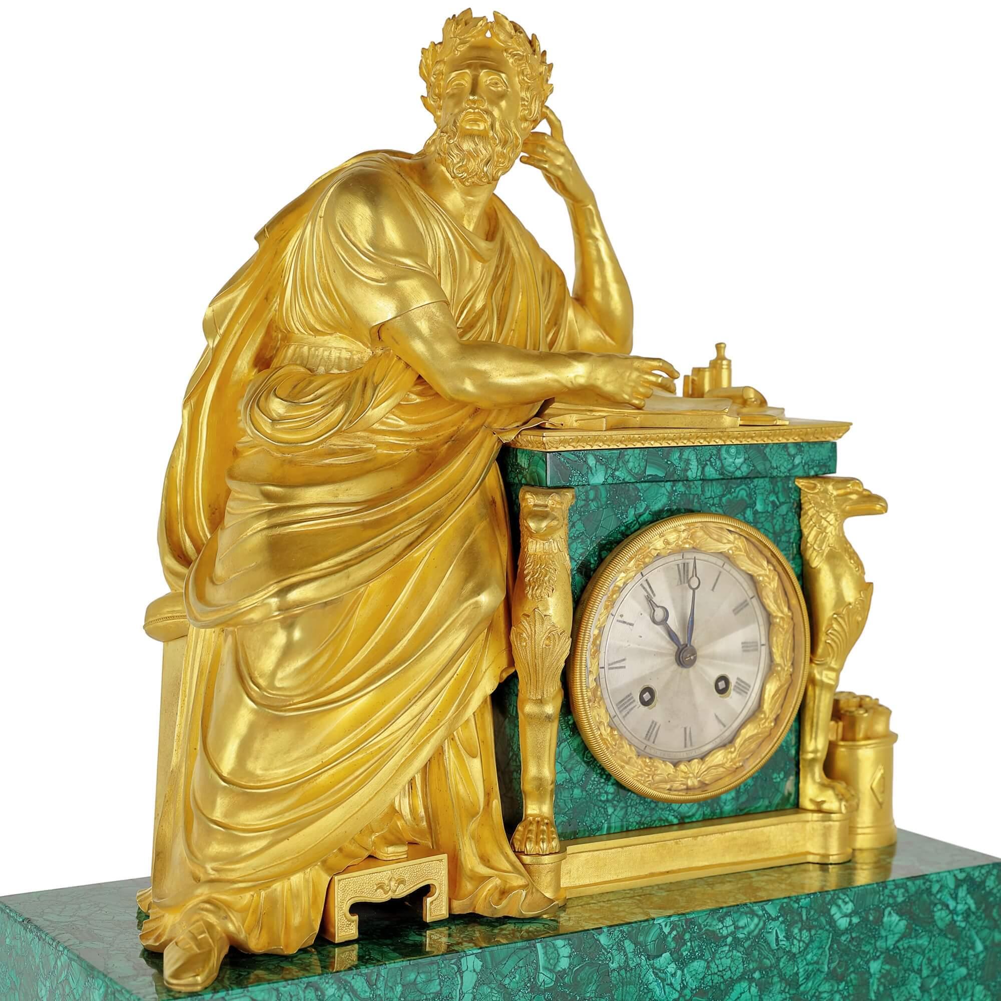 French Neoclassical Style Gilt Bronze and Malachite Mantel Clock