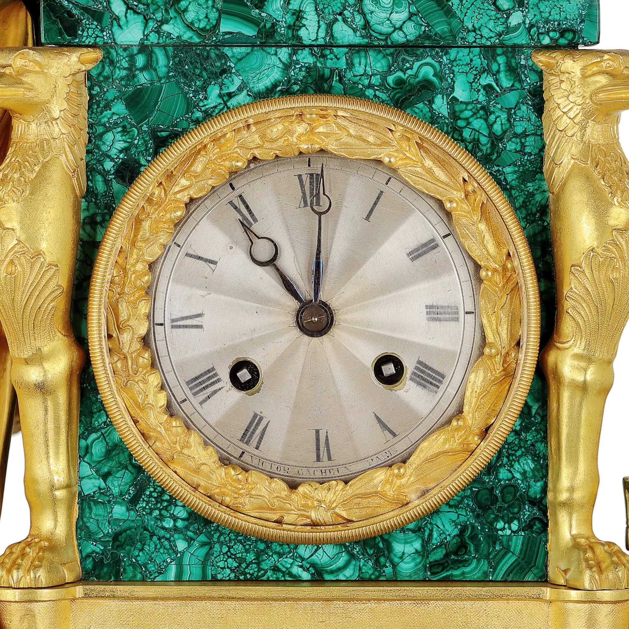 Neoclassical Style Gilt Bronze and Malachite Mantel Clock In Good Condition In London, GB