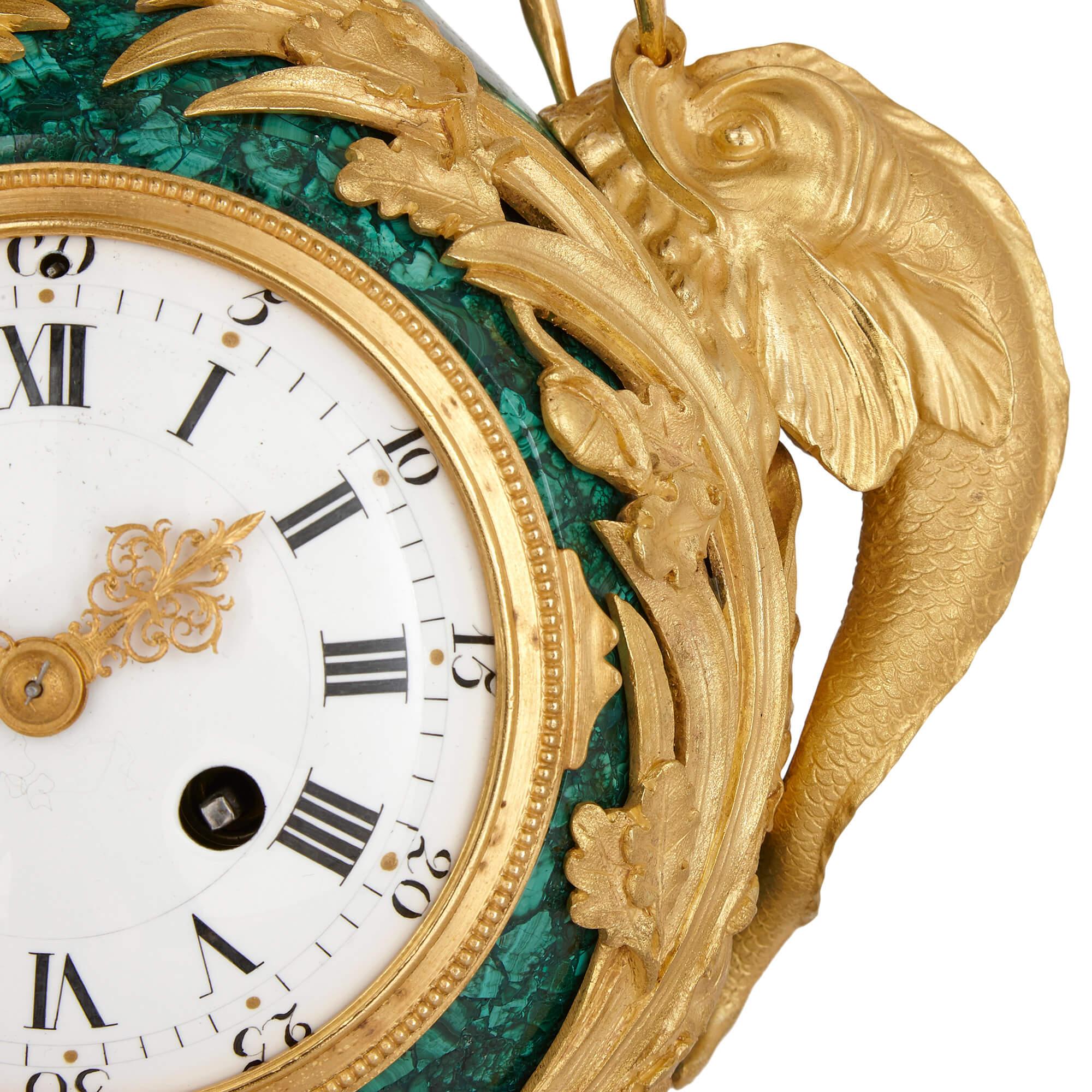 Louis XVI Neoclassical Style Gilt Bronze and Malachite Mantel Clock For Sale