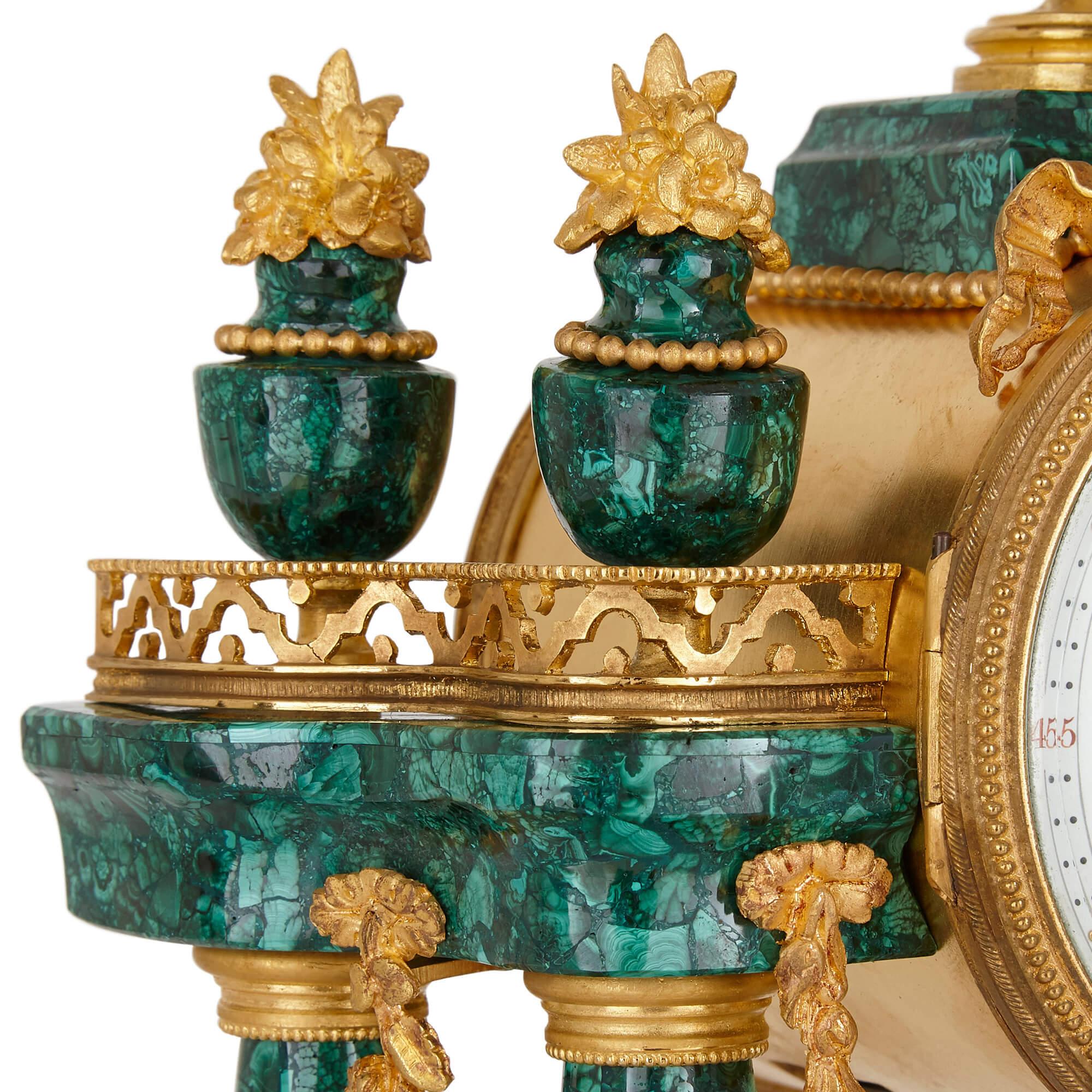 Neoclassical Style Gilt Bronze and Malachite Mantel Clock In Good Condition In London, GB