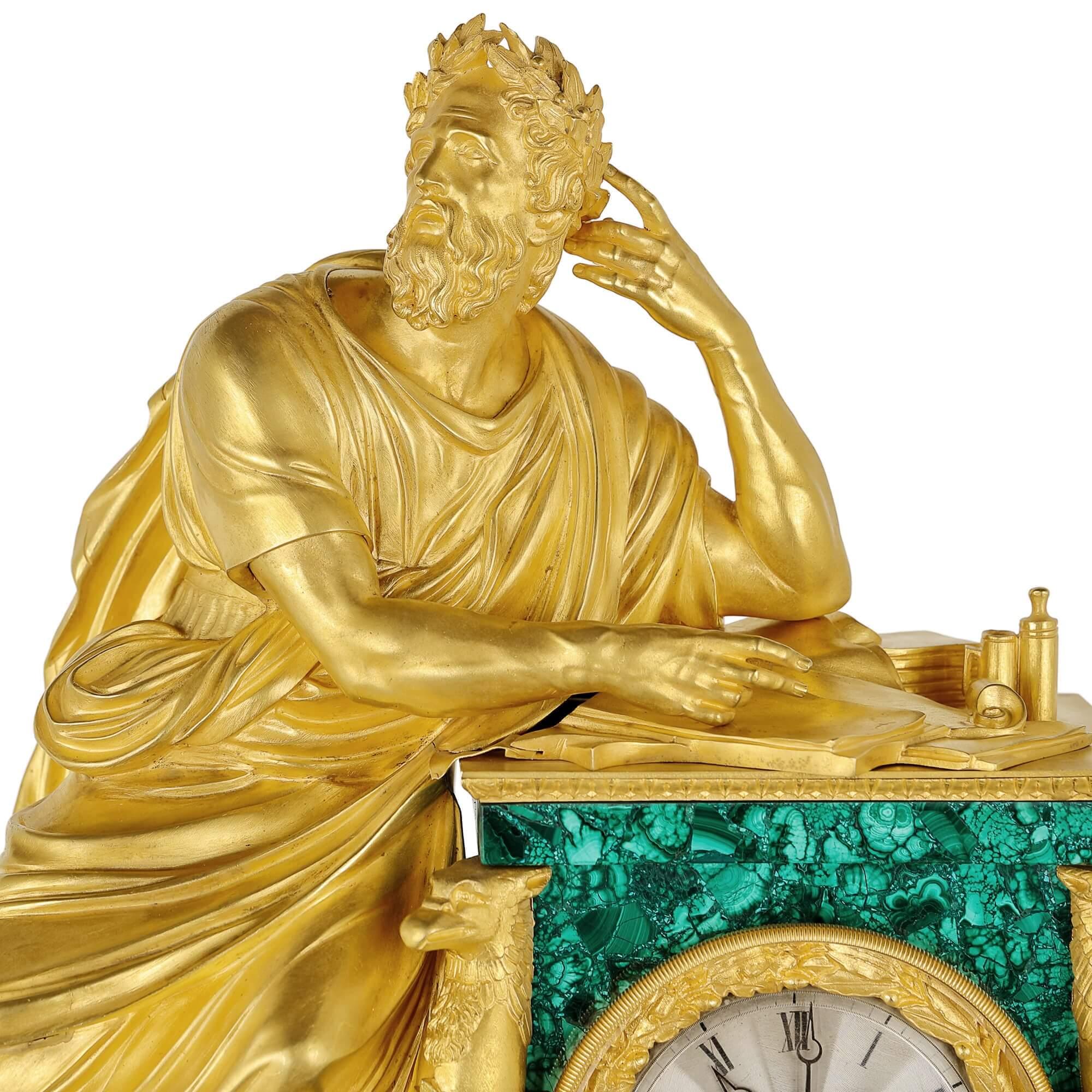 19th Century Neoclassical Style Gilt Bronze and Malachite Mantel Clock