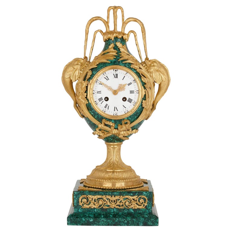 Neoclassical Style Gilt Bronze and Malachite Mantel Clock For Sale