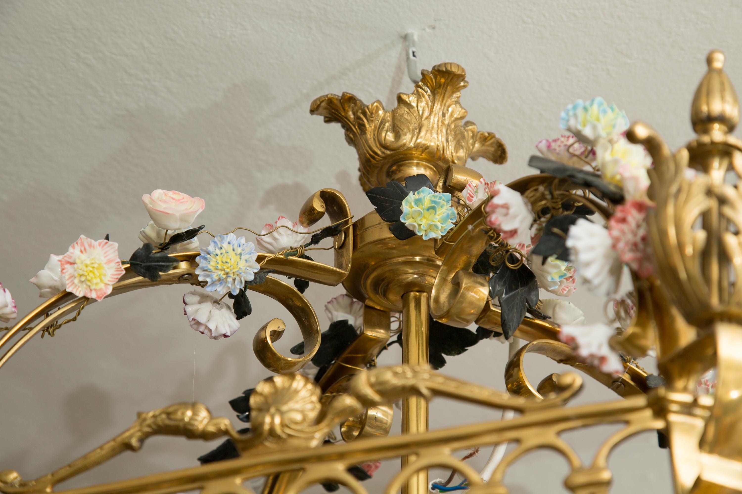 Metal Neoclassical Style Gilt Bronze Chandelier with Porcelain Decoration