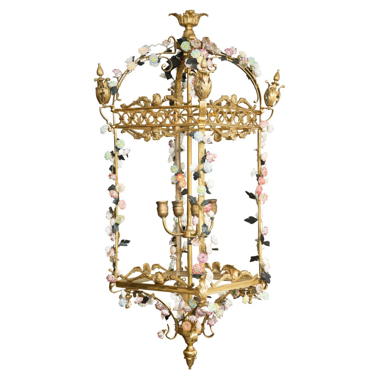 Neoclassical Style Gilt Bronze Chandelier with Porcelain Decoration