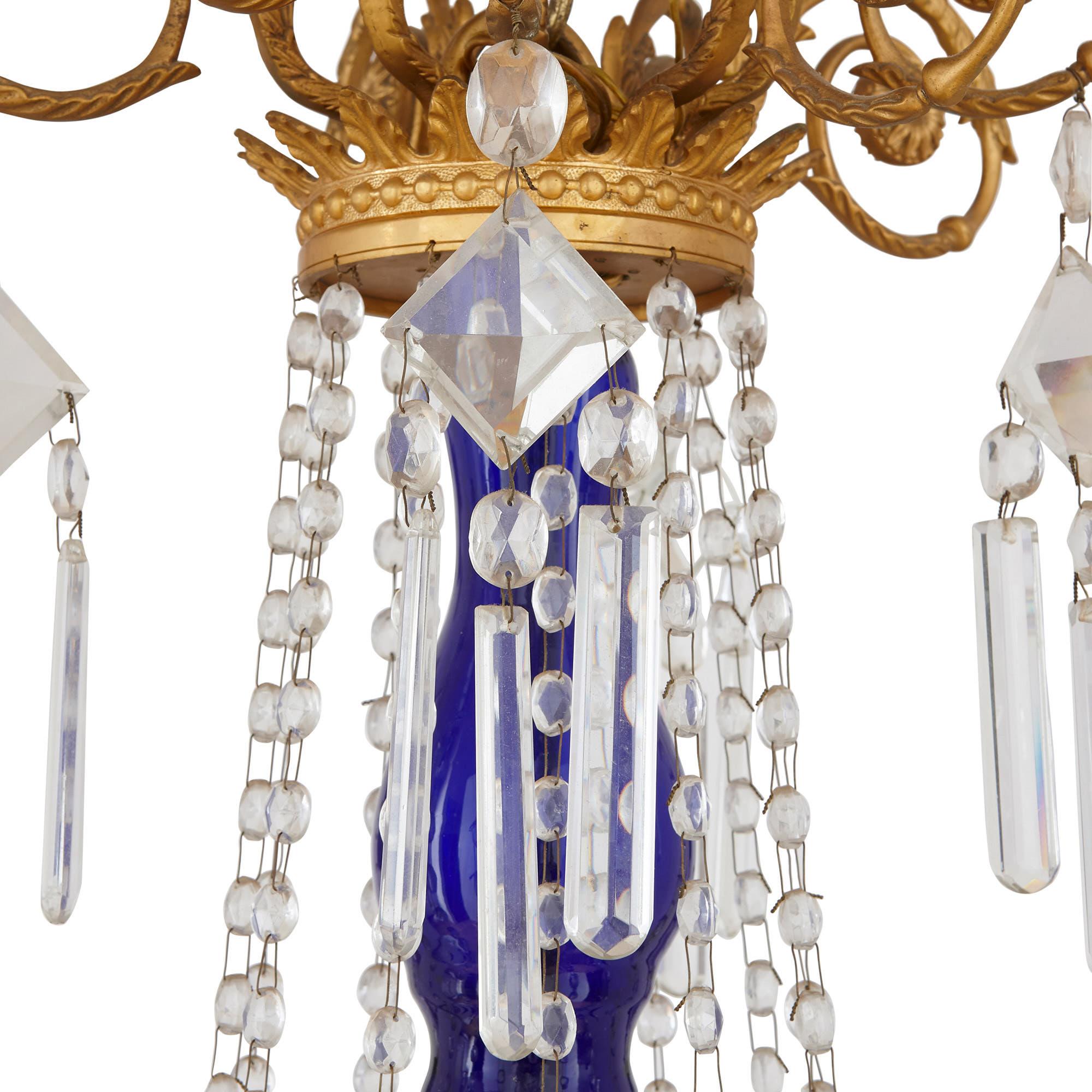 Neoclassical Style Gilt Bronze, Clear and Blue Cut Glass Chandelier In Good Condition For Sale In London, GB