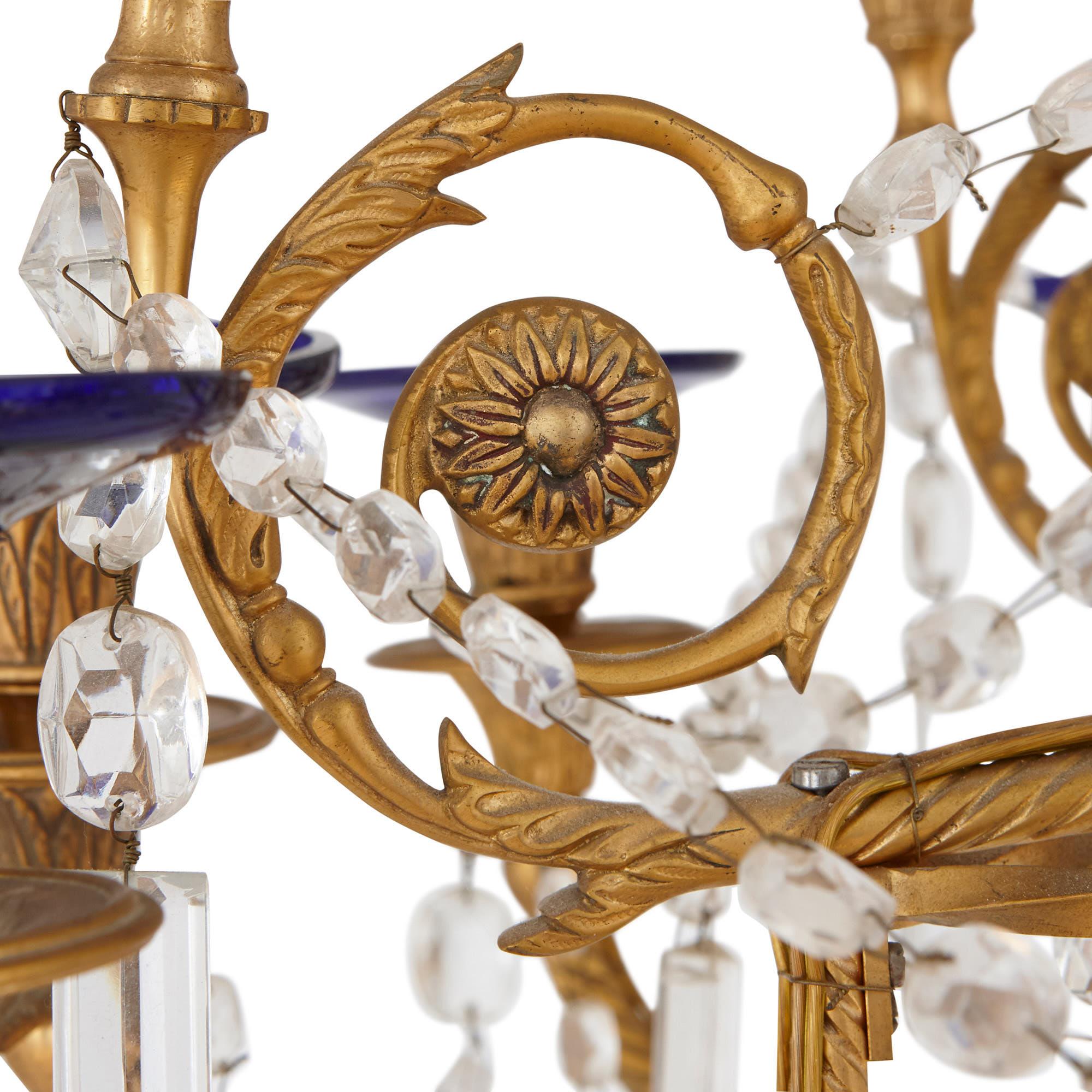 19th Century Neoclassical Style Gilt Bronze, Clear and Blue Cut Glass Chandelier For Sale