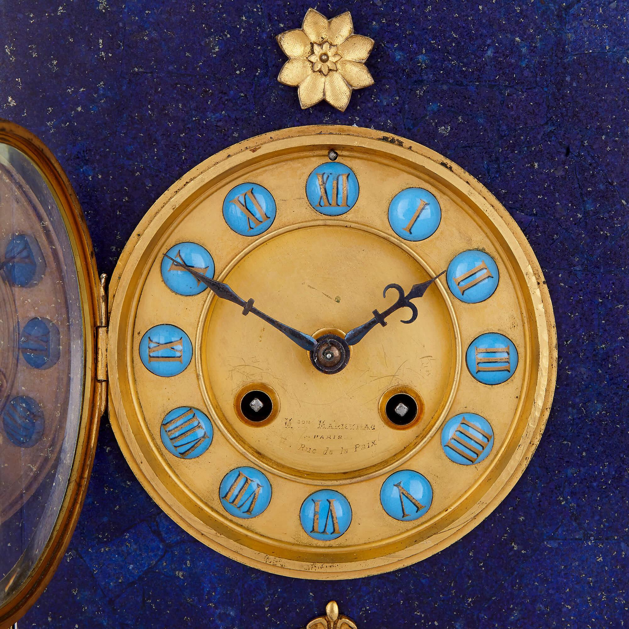 Classical Greek Neoclassical Style Gilt Bronze, Enamel and Lapis Lazuli Mantel Clock For Sale