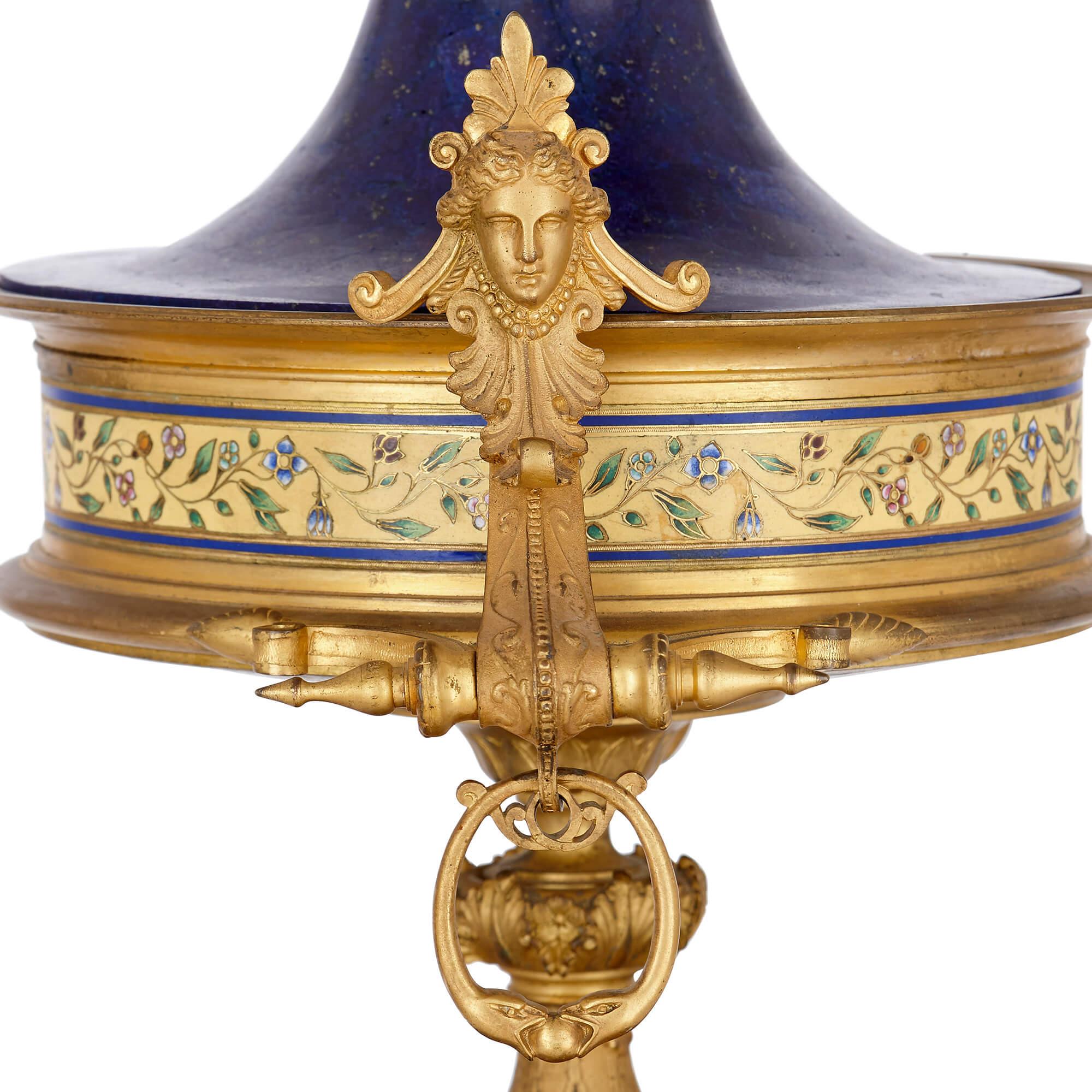19th Century Neoclassical Style Gilt Bronze, Enamel and Lapis Lazuli Mantel Clock For Sale