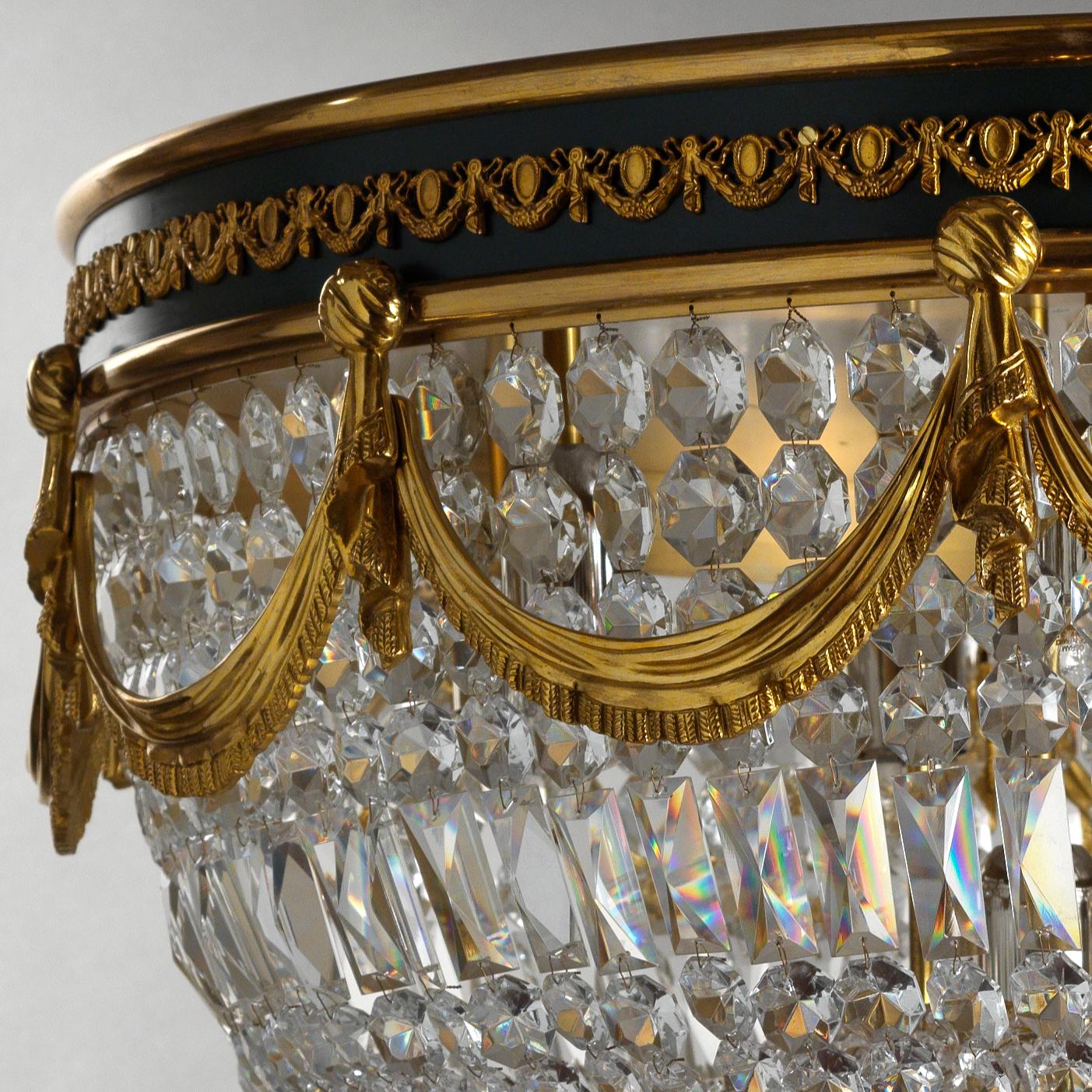 This large Neoclassical Style Gilt Bronze Flush Mount Fixture by Gherardo Degli Albizzi features high quality details. The gilt bronze main band is characterized by two circular profiles with a green enameled band. Within this is applied a festoon