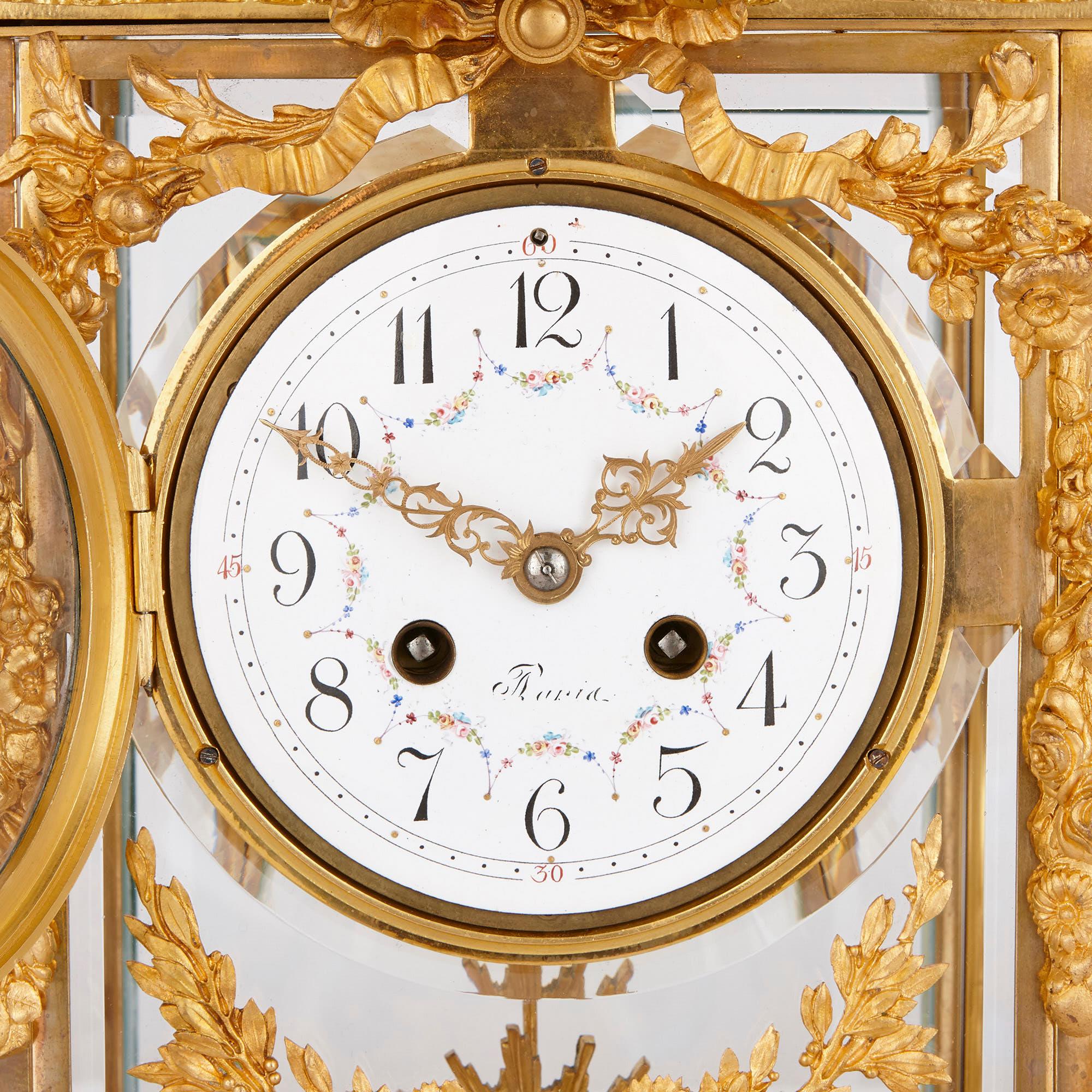 French Neoclassical Style Gilt Bronze Mounted Glass and Marble Mantel Clock  For Sale