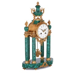 Neoclassical Style Gilt Bronze Mounted Malachite Clock Set