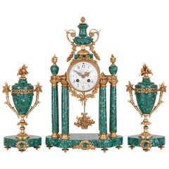 Neoclassical Style Gilt Bronze Mounted Malachite Clock Set 